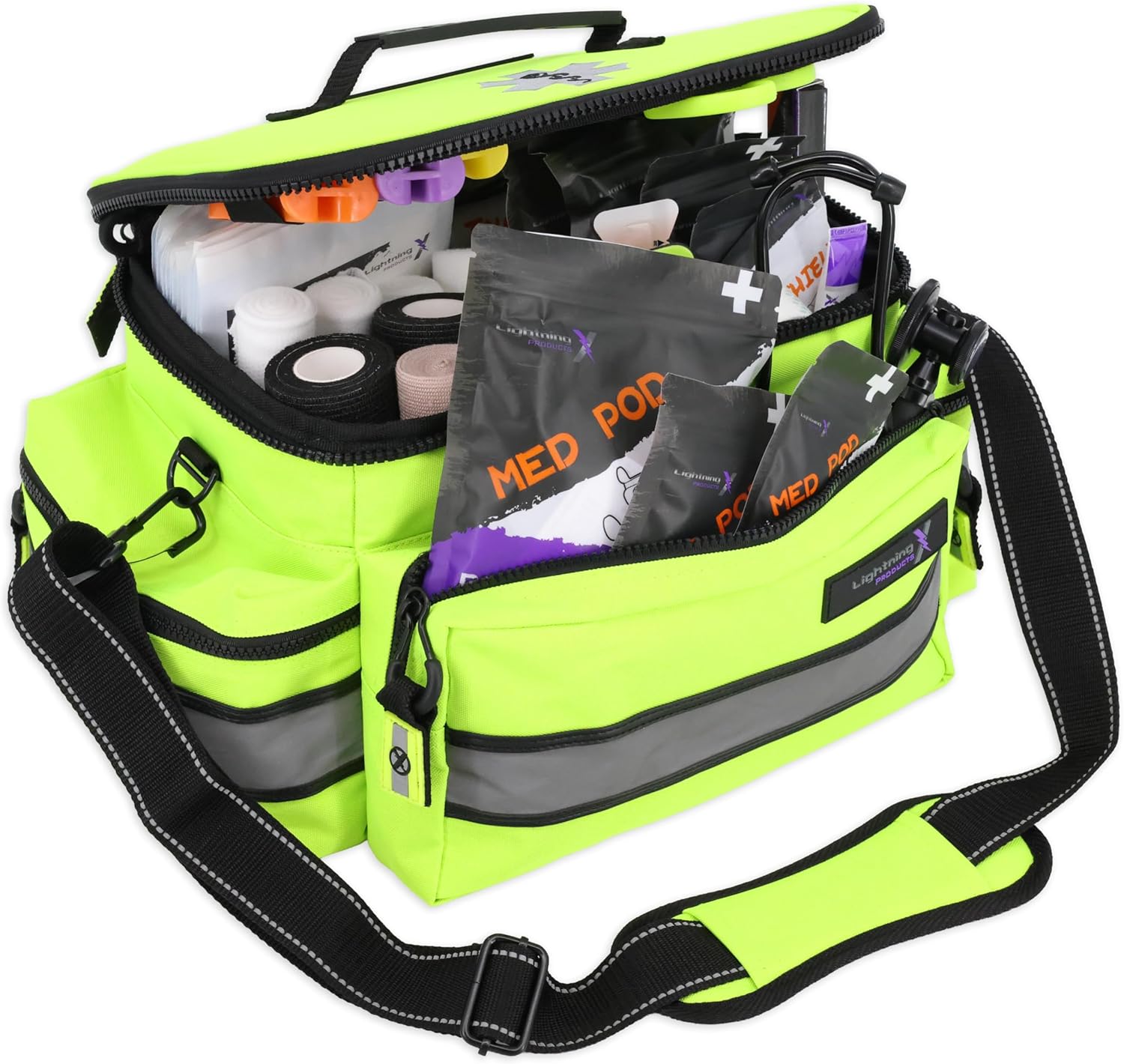 Lightning X Mid-Sized First Responder EMT Bag | LXMB25 | Fully Stocked w/ 248+ First Aid Supplies + Trauma Pak w/C.A.T. Tourniquet & QuikClot - Fluorescent Yellow