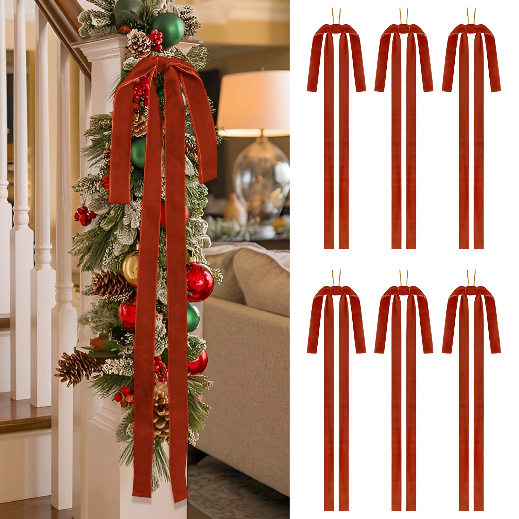 SIMISI RIBBON Orange Long Velvet Bows Ornaments for Christmas Tree, Wreath, Garland, Swag, Staircase, Fireplace, Door (15 * 24 inch, 6 Pieces)
