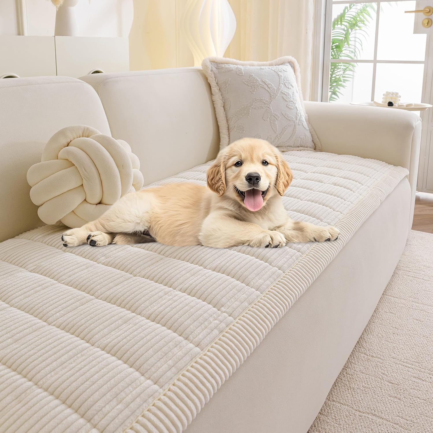 MYSKY HOME Couch Cover for Dogs Washable, Dog Sofa Couch Covers,Washable Non-Slip Couch Sofa Cover Protector Dog Mat for 2 Cushions and Sofas(Cream,27.6" x 70.9") 27.6" x 70.9" Cream