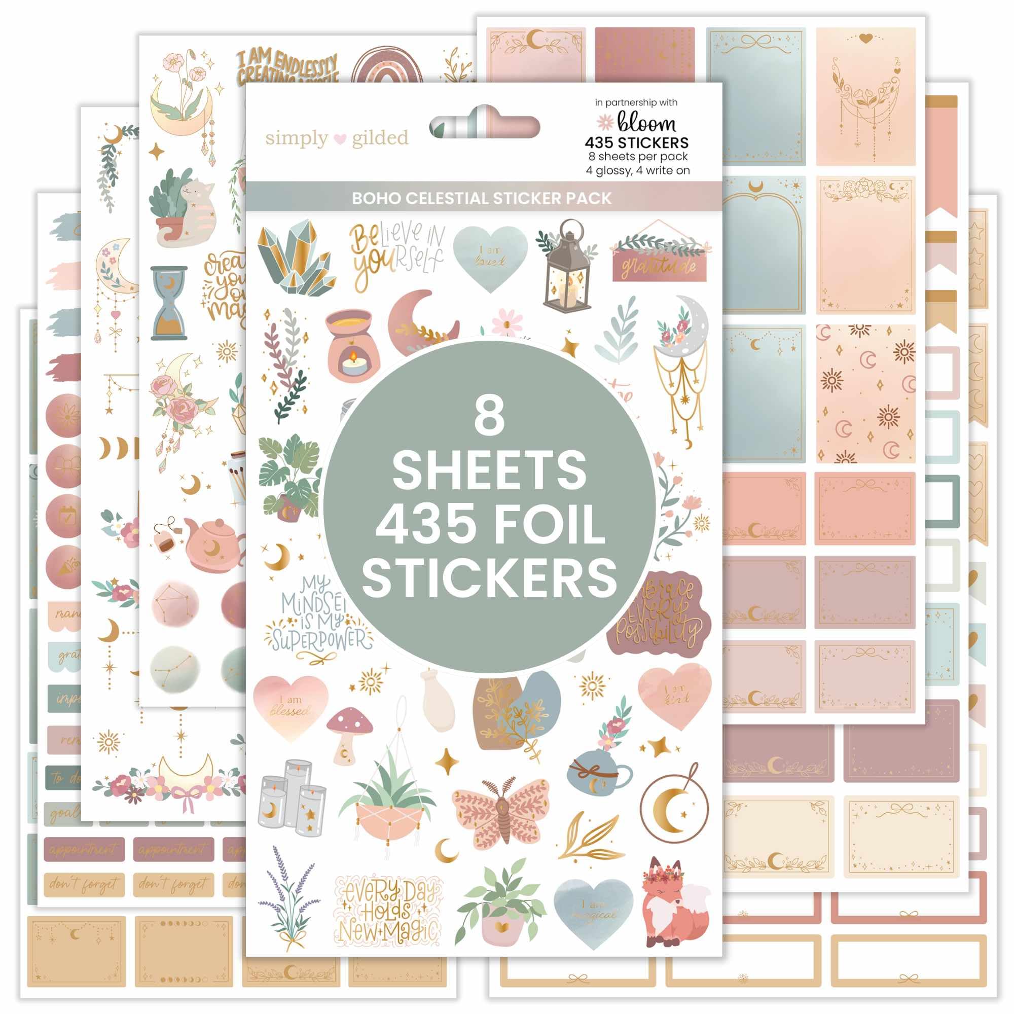 bloom daily planners x Simply Gilded Aesthetic Neutral Planner Stickers (8 Sheets / 435 Stickers) - Bohemian Variety Pack with Gold Foil for Decorating, Planning, Scrapbooking