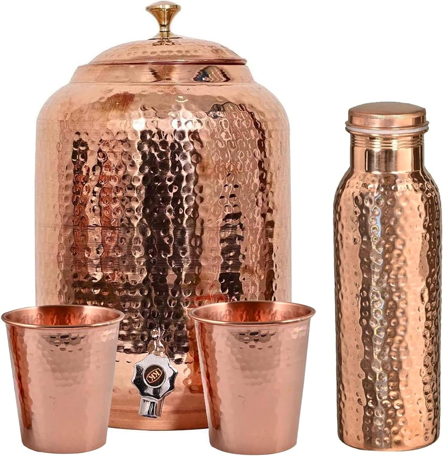 Pure Copper Water Dispenser - 8L Capacity, Hammered Finish, Ayurvedic Health Benefits, Includes 2 Matching Tumbler Glasses & 1 Copper Bottle, Handcrafted Drinkware for Healing and Hydration
