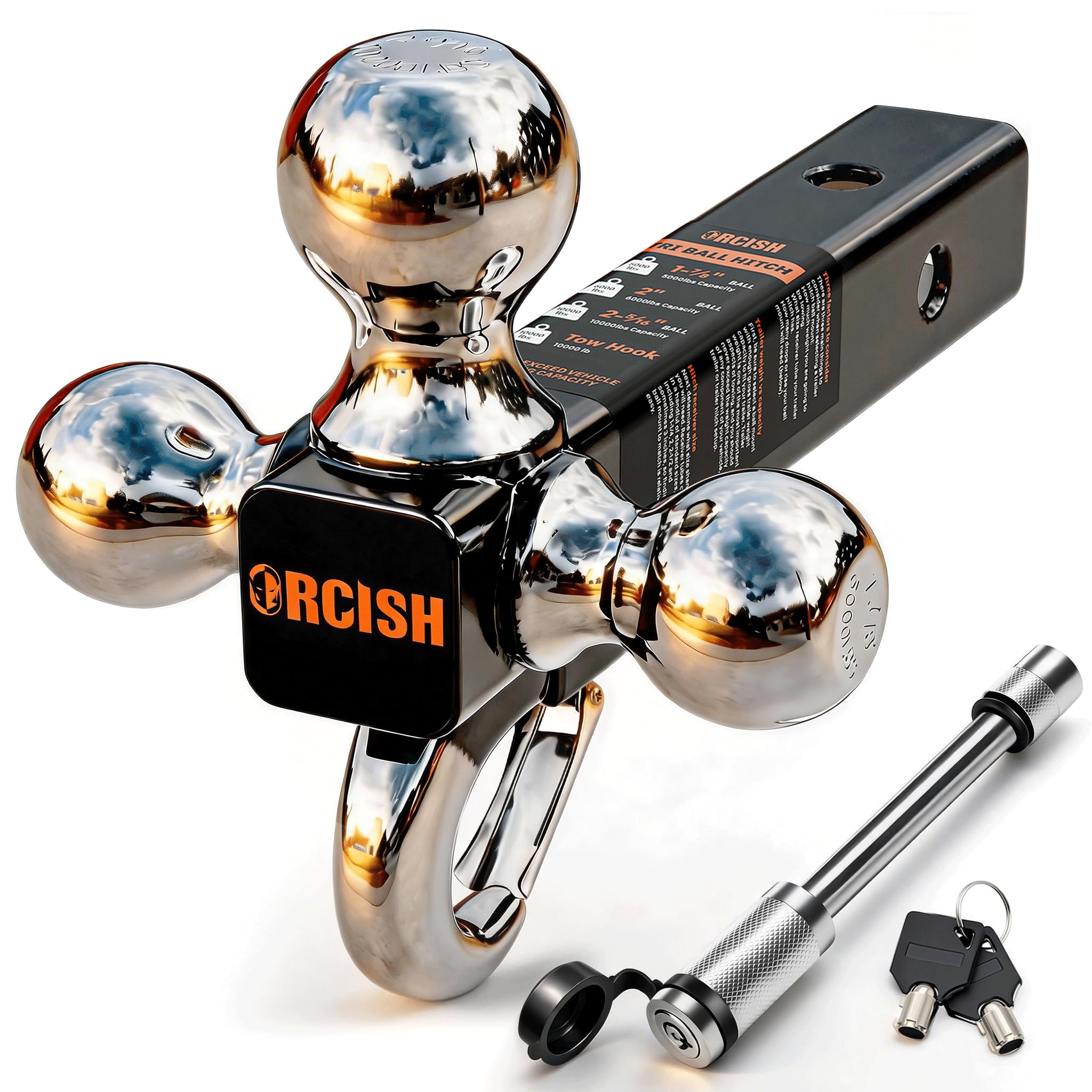 ORCISH Tri-Ball Trailer Hitch Mount with Tow Hook &amp; Lock for 2" Receiver