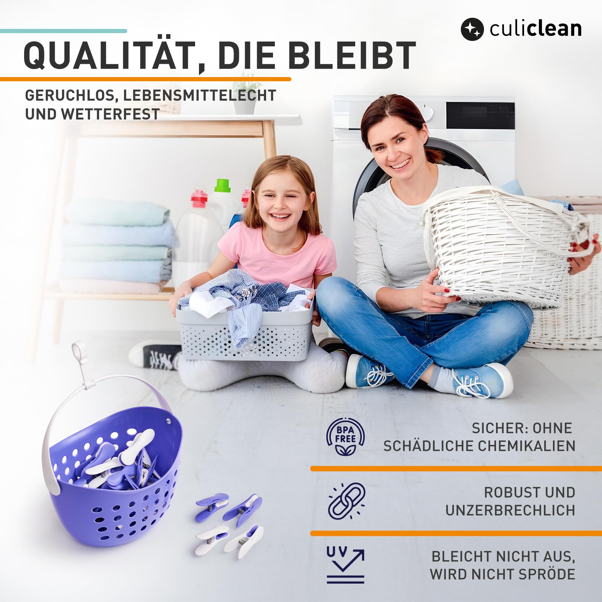 culiclean Wäscheklammern mit Korb, 40x + 1 Korb, schwarz-Weiss | Klammerkorb und stabile Soft Clips ohne Abdruck – Softgrip, robust, UV-beständig, wetterfest, Made in France