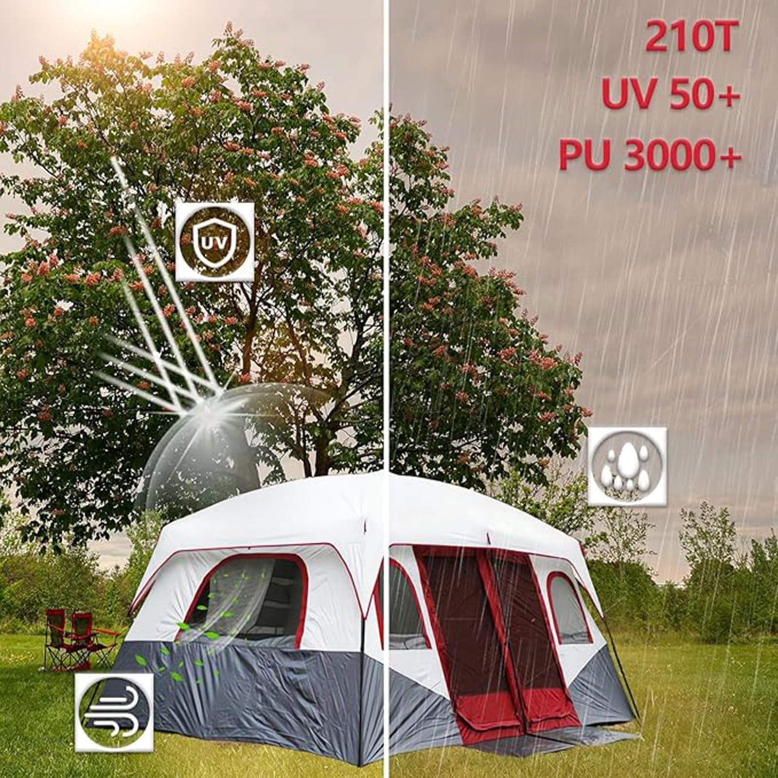 Tenda per 8-12 persone, Tenda familiare con 2 camere da letto, Tende da campeggio Ripari a doppio strato, Tenda esterna per campeggio familiare