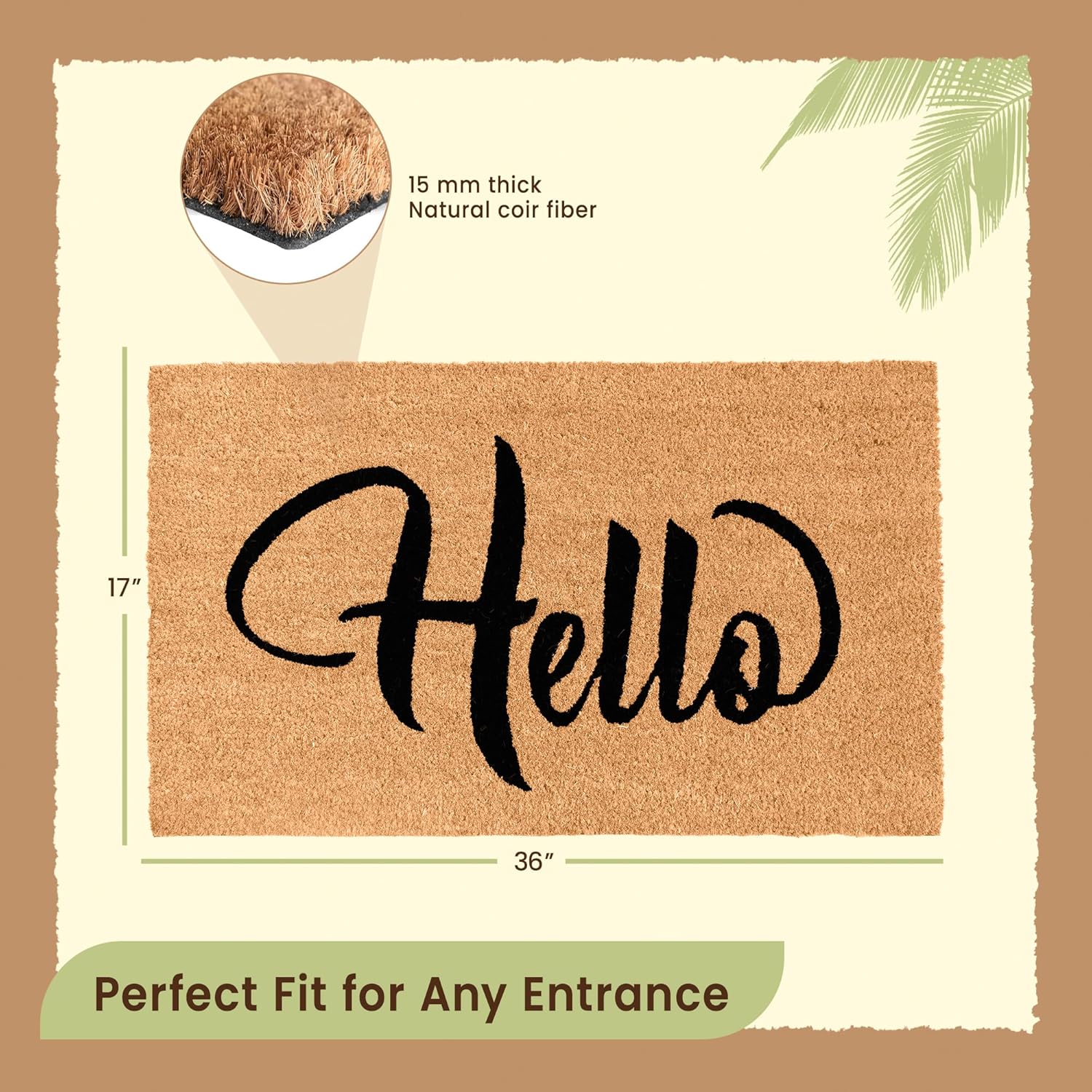 Hello Door Mat Outdoor Coco Coir Doormat, with Heavy-Duty PVC Backing - Natural - Perfect Color/Sizing for Outdoor/Indoor uses. (36 x 17, Hello Script-17)