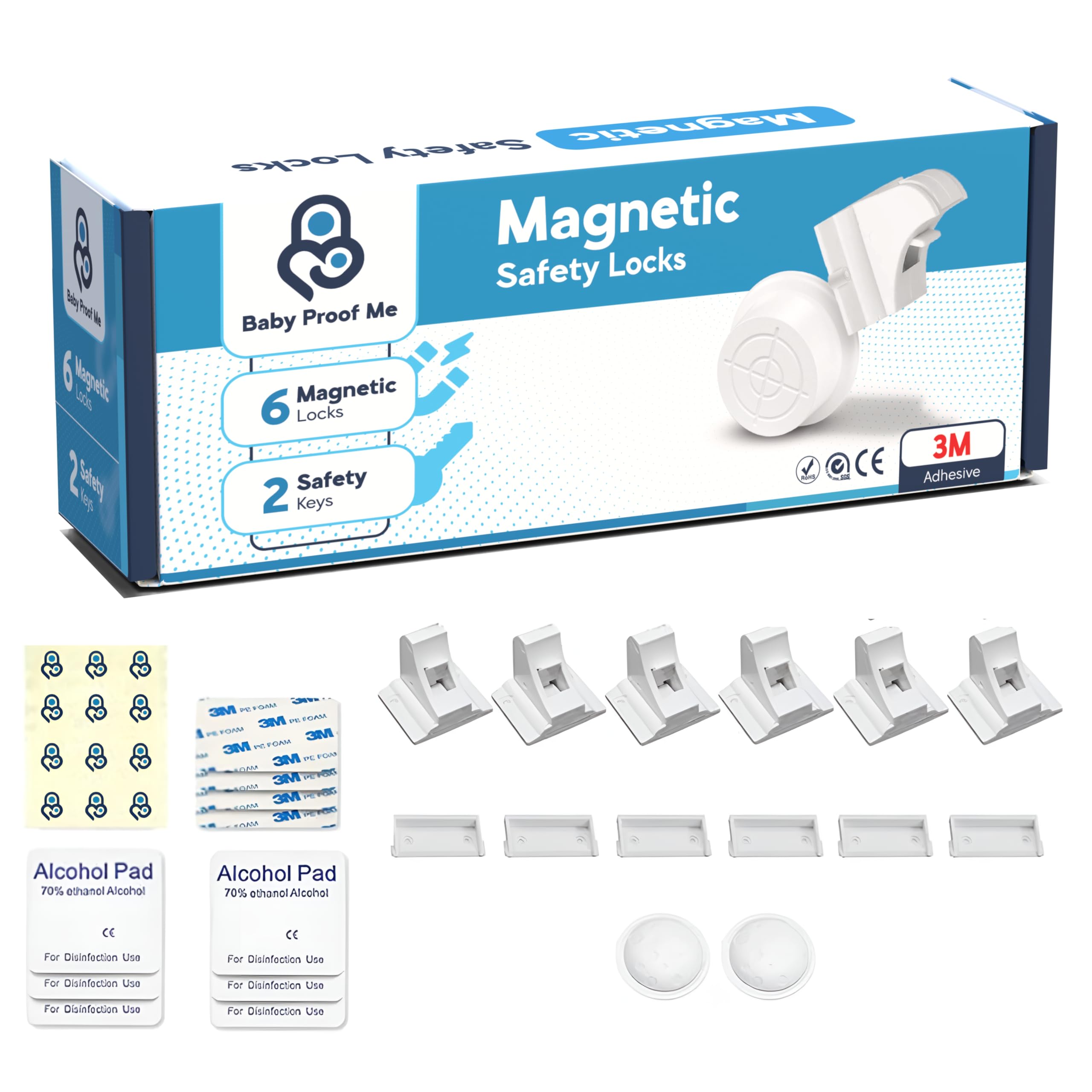 Baby Proof Me 6-Pack Magnetic Cabinet Locks, Baby Proofing Child Safety Locks with 2 Keys, No-Drill 3M Adhesive for Cabinets & Drawers