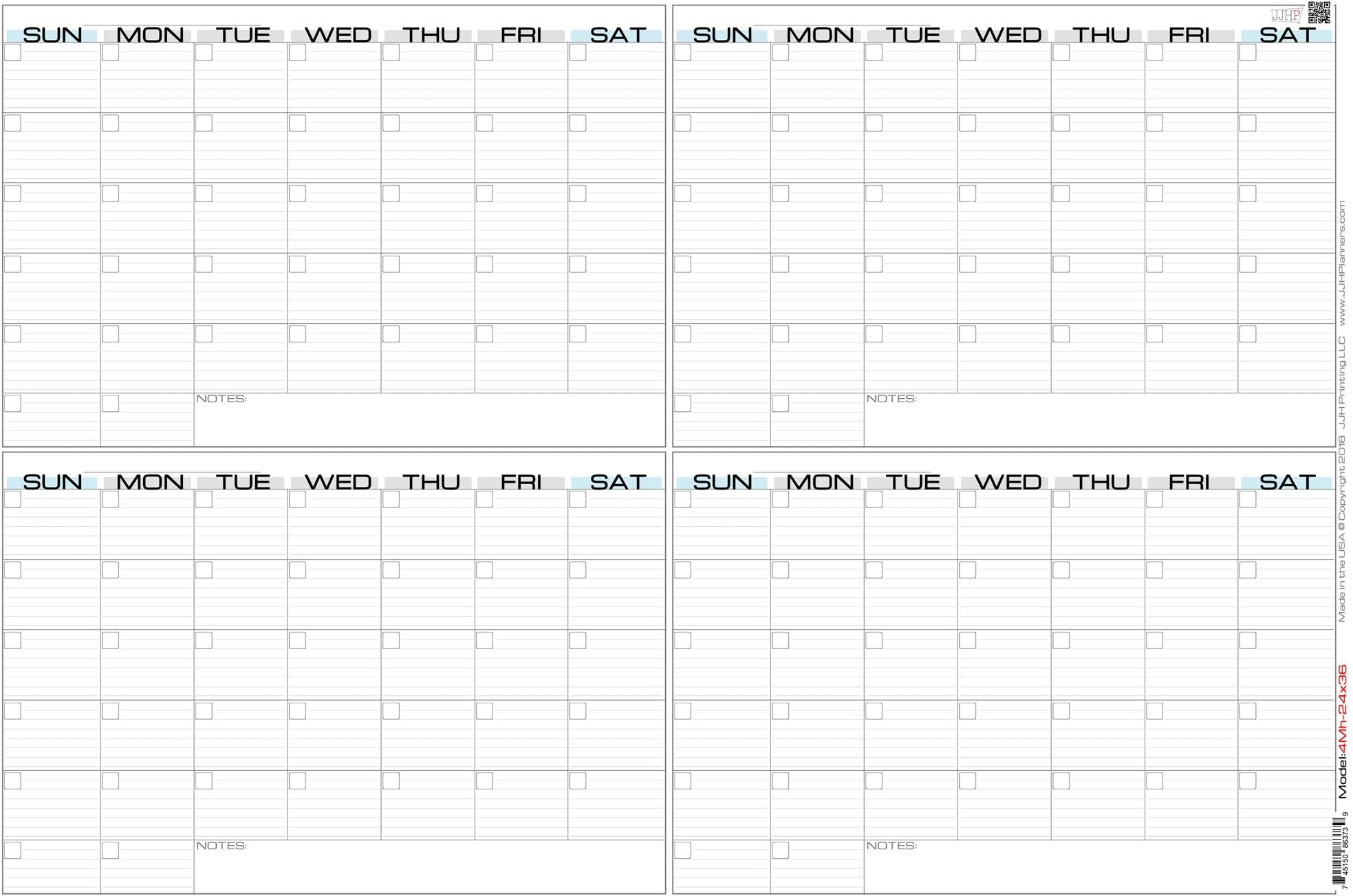JJH Planners - Laminated Blank - 24" x 36" - Large - Erasable 4 Month Horizontal Wall Planner (4Mh-24x36)