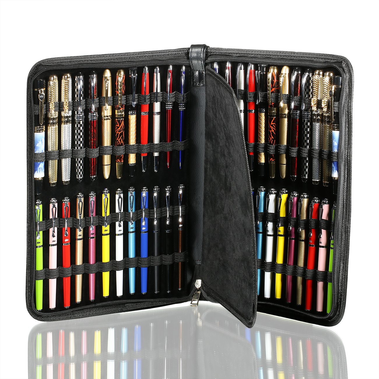 Aonepro Fountain Roller Pen Case Holder Black PU Leather Bag for 48 Pens Collection