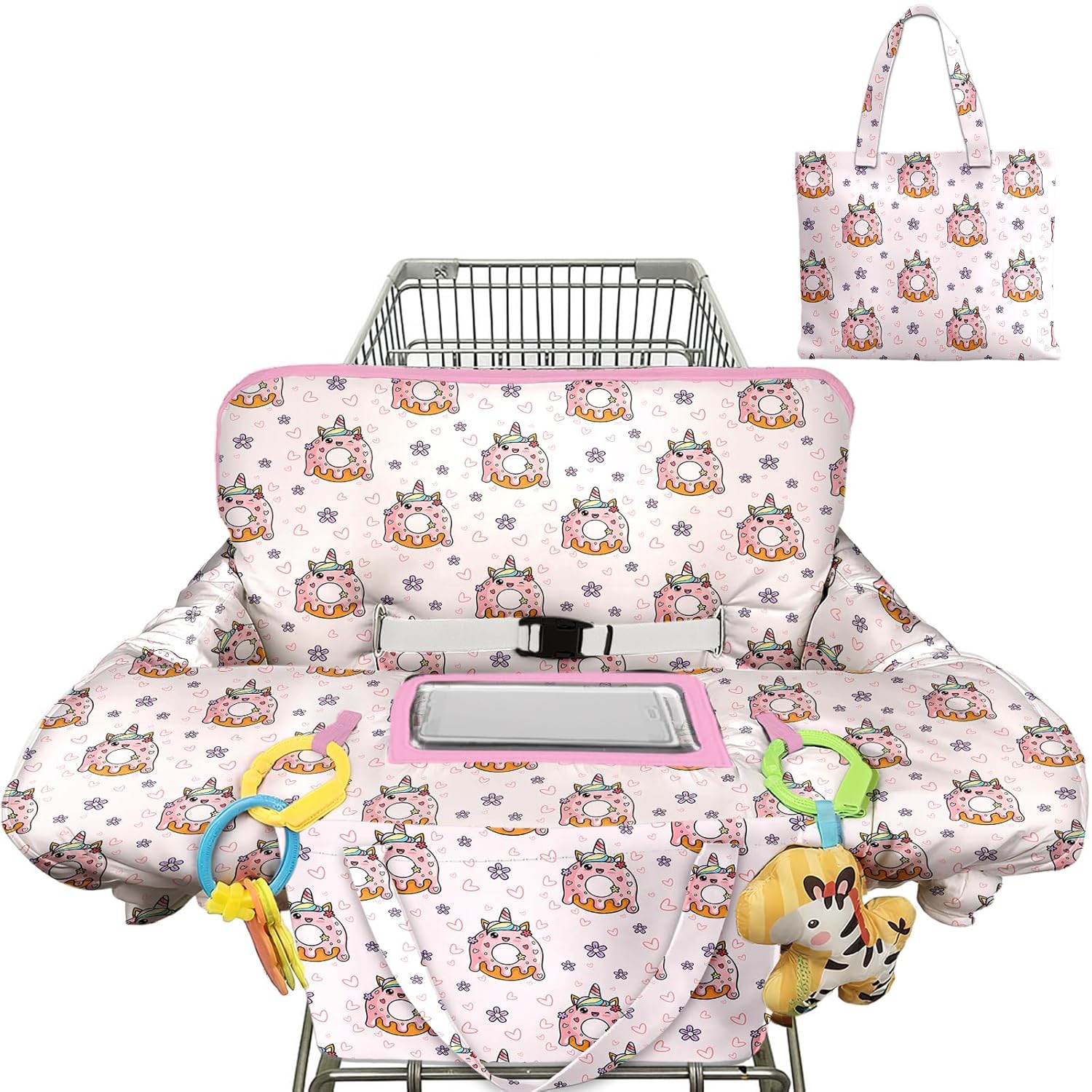Shopping Cart Cover for Baby 2-in-1 High Chair Cover with Safety Harness Multifunctional Pink Unicorn Donuts Cart Covers for Babies Soft Padded Grocery Cart Cover for Baby Boy Girl