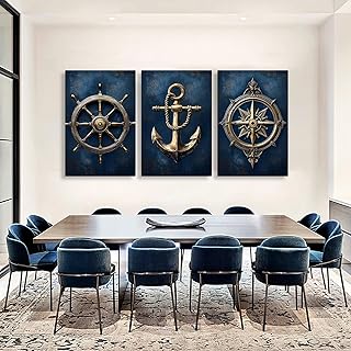 Navy Blue Nautical Canvas Wall Art, Anchor Pictures Wall Decor, Compass Wall Art, Ship Steering Wheel Wall Decor, Coastal Canvas Print, Wall Posters for Living Room, Bedroom (24" x 36" x 3 pcs)