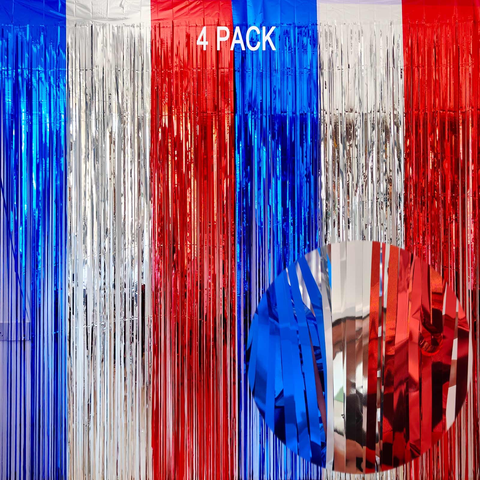 EUFARS 4th of July Decorations- 4 Pack of 3.2x8.2ft Red Silver Blue Tinsel Foil Fringe Curtains for Patriotic Party Memorial Day Independence Day Party Backdrop