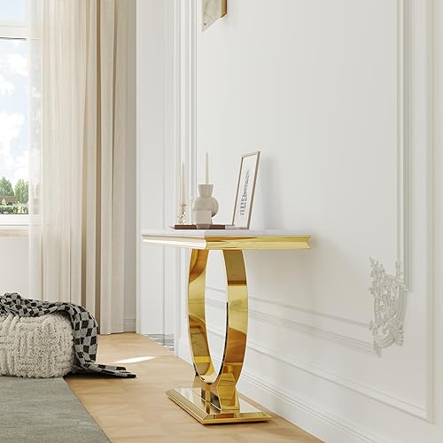 Miniatura 6 de Mesa consola Asday dorada, mesa de entrada de 50 pulgadas en blanco y oro glam con base en forma de U, mesa de entrada dorada pulida con parte