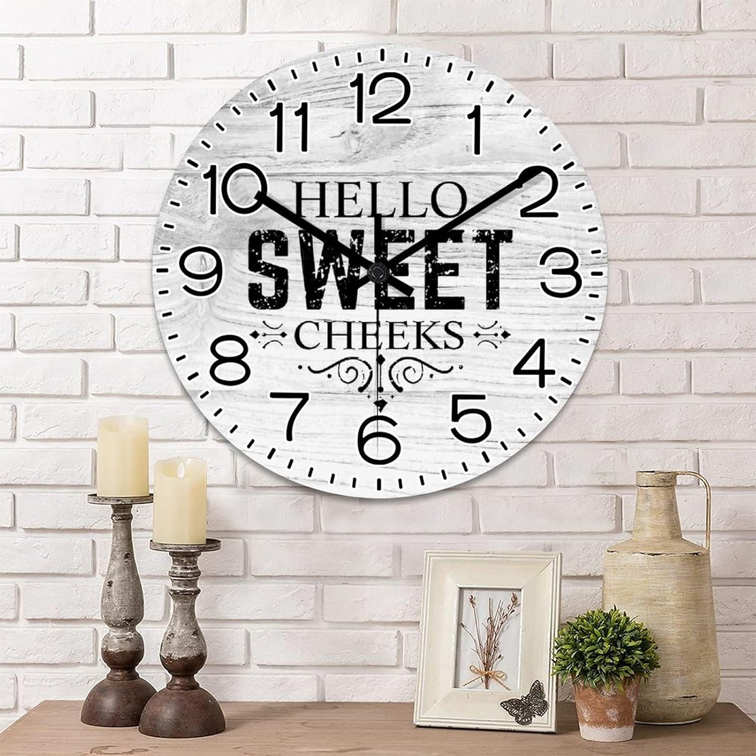 Hello Sweet Cheeks Wall Clock Inspirational Quotes Wooden Wall Clocks Battery Operated 15 Inch Non-Ticking Retro Cabin Wall Decor for Kitchen Bedroom Living Room Office