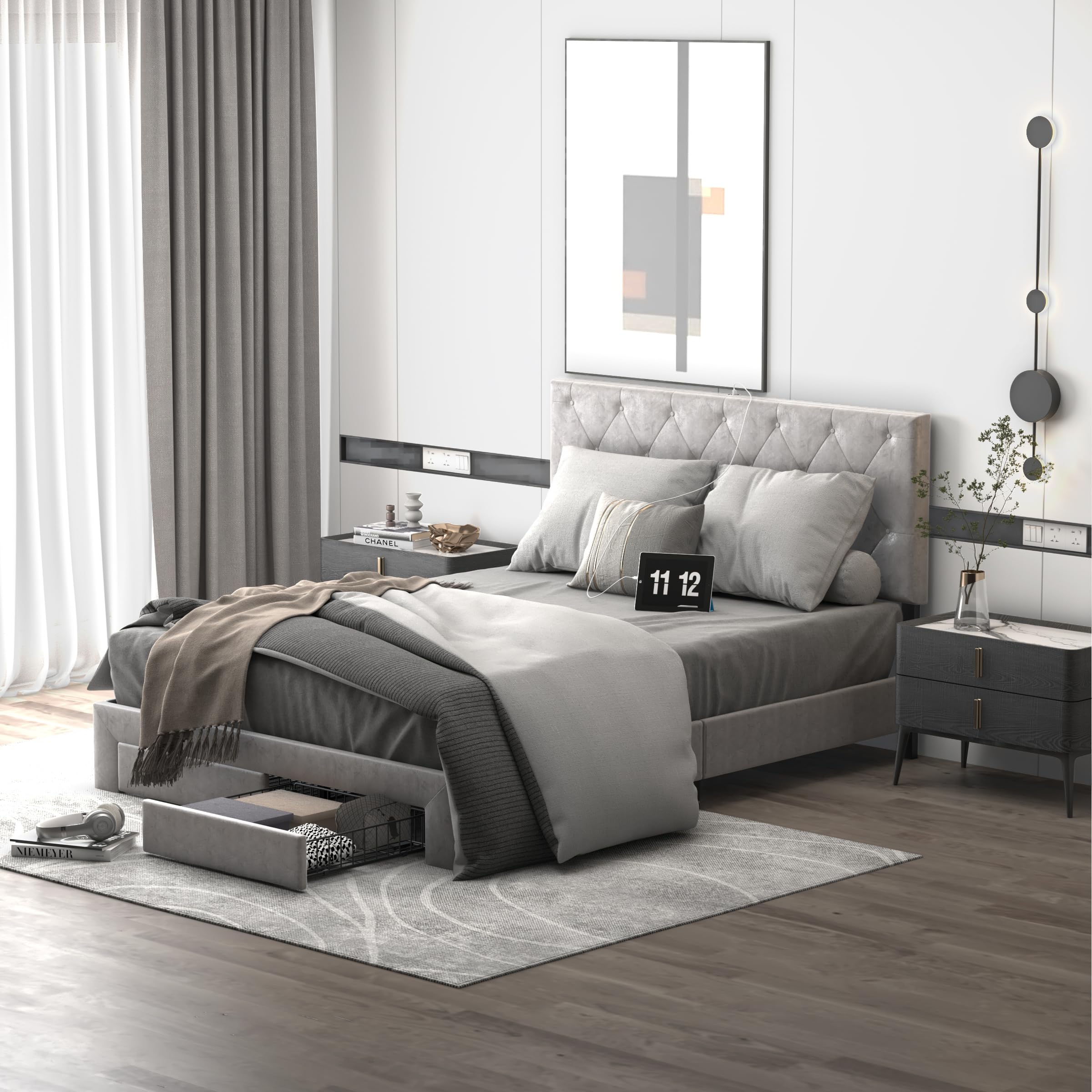 NSdirect Queen Size Bed Frame with Storage Drawer, Upholstered Velvet Platform Bed Frame with 2 Storage Drawers and Charging Station,Tufted Headboard, Grey Velvet