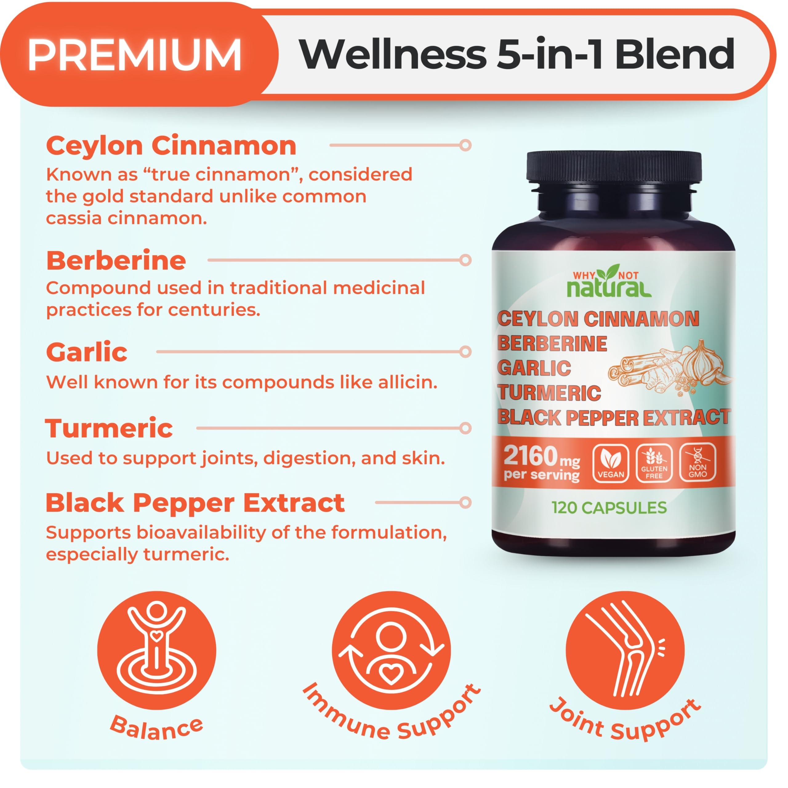 5-in-1 Organic Ceylon Cinnamon Capsules with Berberine, Garlic, Turmeric, Black Pepper Extract Pills — Amazon image 2
