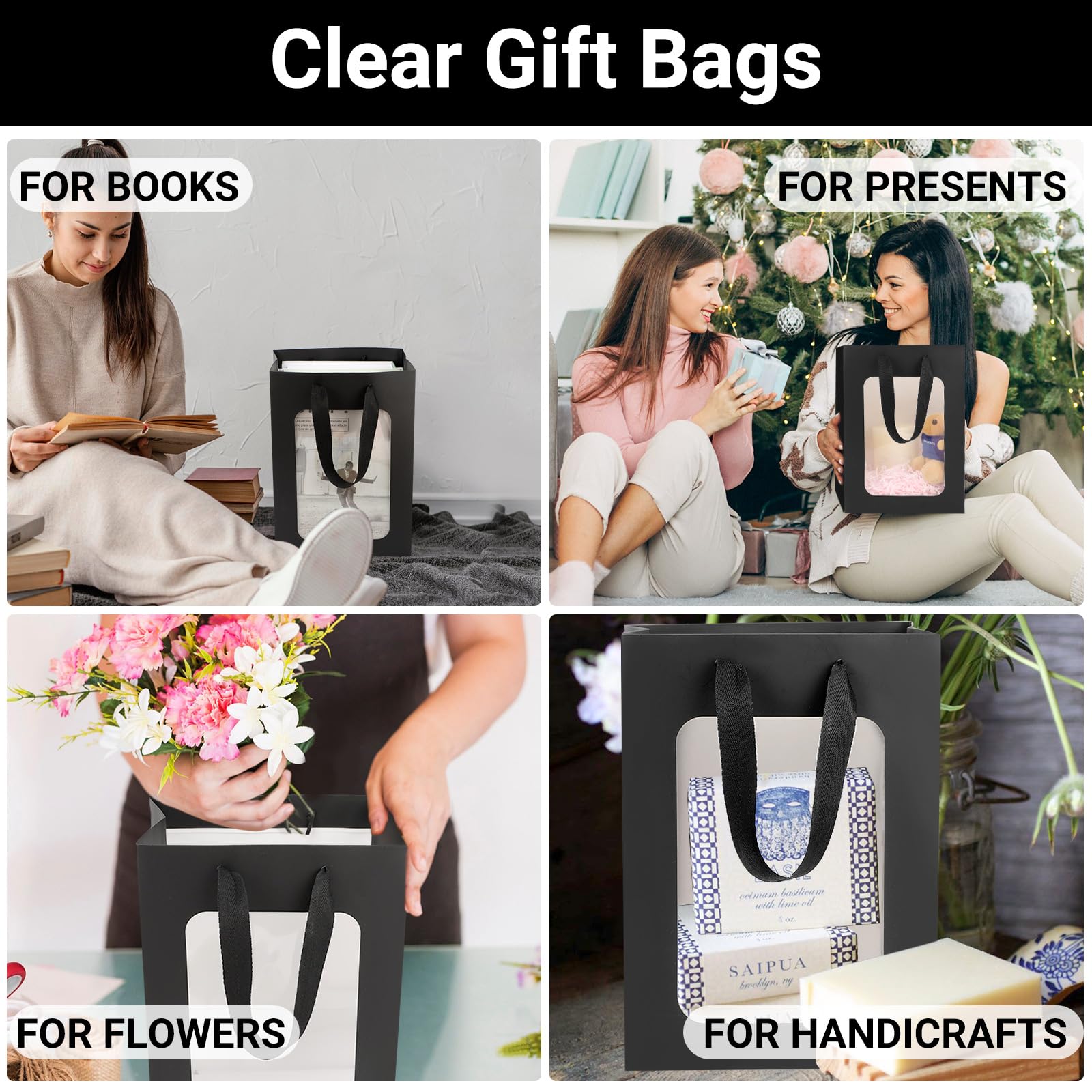 EUSOAR Geschenktüten Schwarz - 50 Stück 230GSM Papiertüten mit Henkel - 18x13x25cm Geschenktüte mit Fenster - Geschenktasche mit Sichtfenster - Papiertüten Klein Party Verpackungstüten