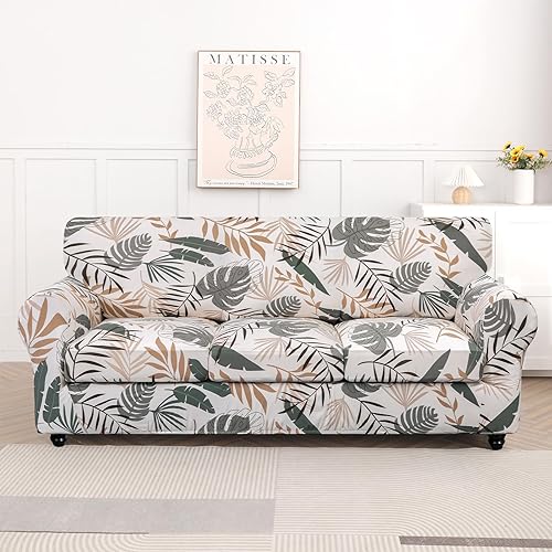 Miniatura 5 de SearchI - Funda de sofá elástica con estampado floral, 4 piezas, incluye 3 fundas de cojín independientes, protector lavable para muebles de sala de