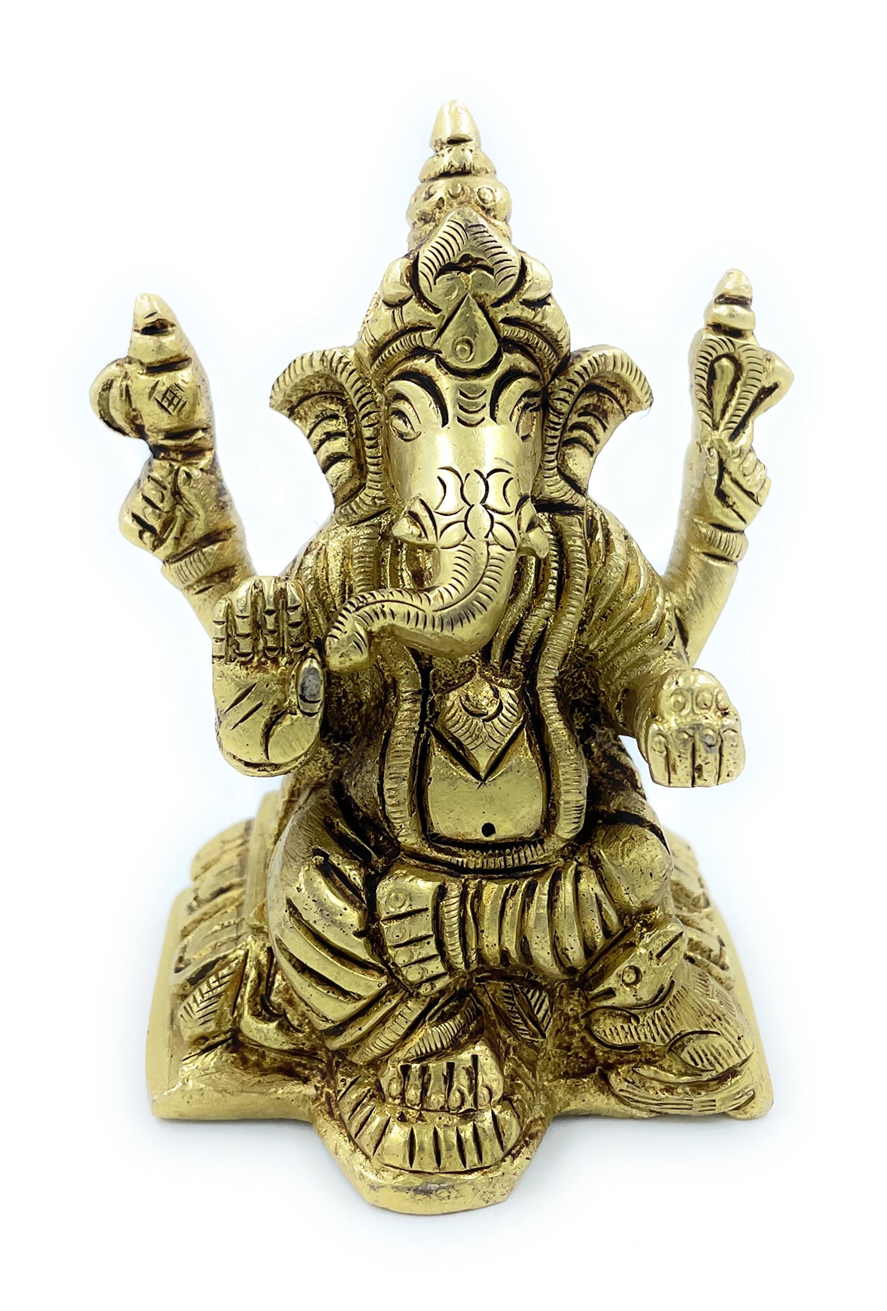 Achleshwar Pure Ashtadhatu Right Hand Sund(Trunk) Lord Ganesh Idol in Chowki Shaped Base with Musak(Mouse)|Office||Home||Temple||Gift|Handcarved Superfine Finish Lacquer Coated.