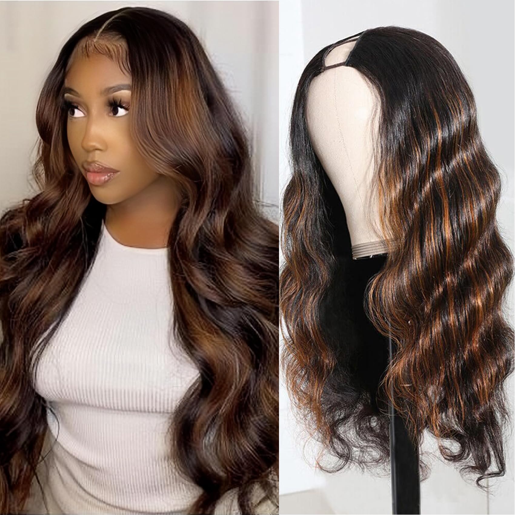 beautkol U Part Human Hair Wig Body Wave Highlight #1b/30 Ombre Brown Wig 180% Density U Part Wig Half Brazilian Virgin 100% Human Hair Wigs For Black