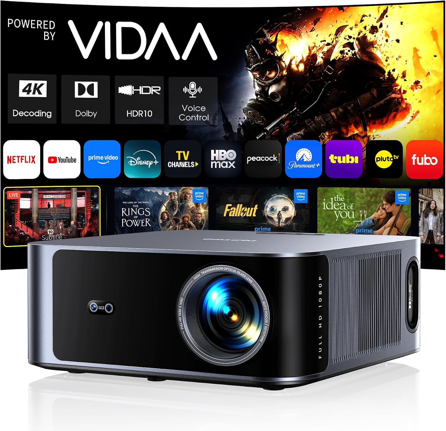 Outdoor-Projector-4K [VIDAA Live TV/40W Dolby/920 ISO] with WiFi6 and Bluetooth Compatible with Netflix, Smart Projector, AI Voice Control & Auto Focus, HDR10, Movie Proyector for Ceiling Home Theater