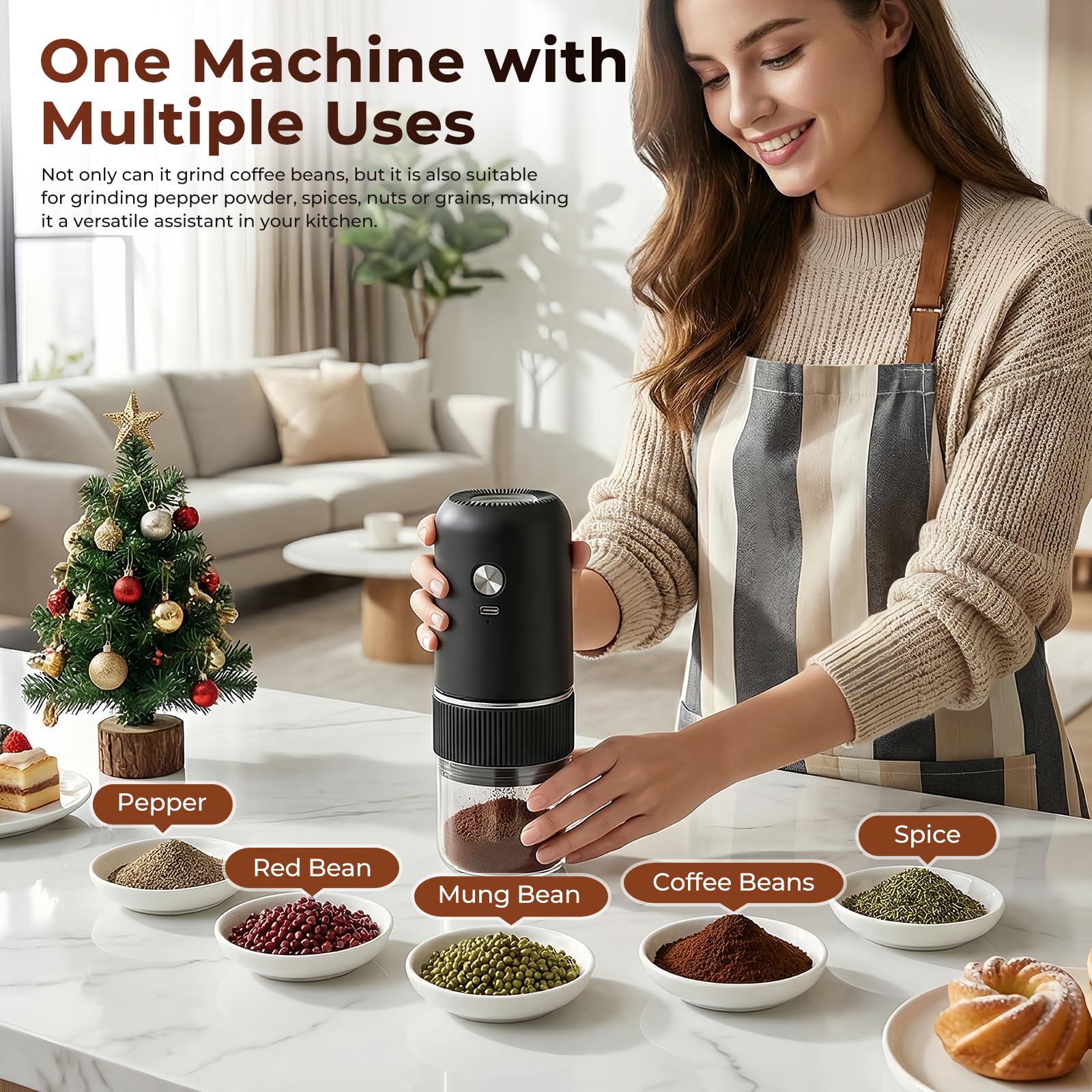 Macinacaffè Elettrico, Coffee Grinder Portatile con Macina Conica in Ceramica, USB Ricaricabile, Macina Caffè Granulometria Regolabile per Semi e Spezie, per Casa, Ufficio, Viaggi e Campeggio