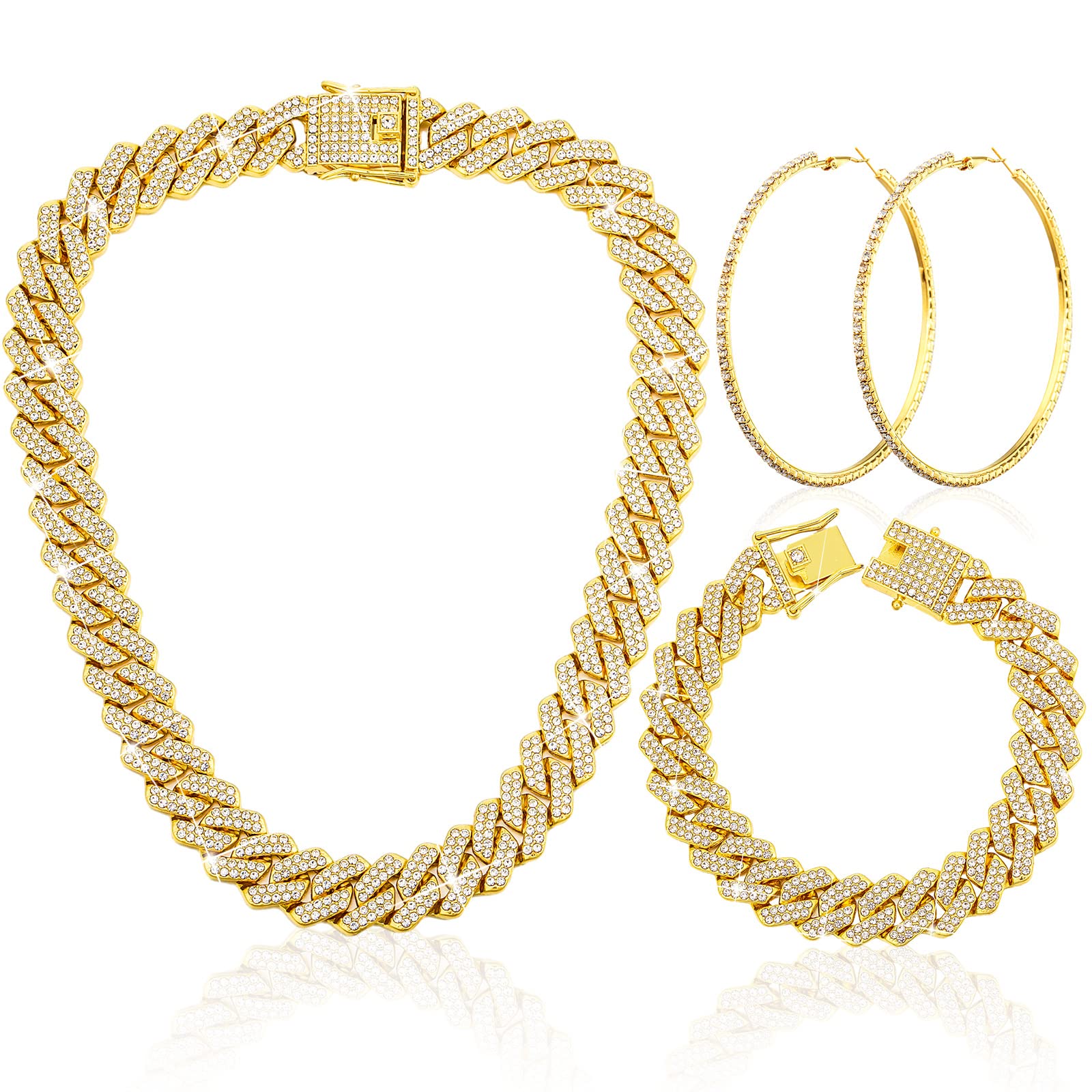 Batiyeer3 Pcs Cuban Link Chain Necklace Bracelet Rhinestone Hoop Earrings Set Bling Crystal Diamond Hip Hop Jewelry for Women Girls