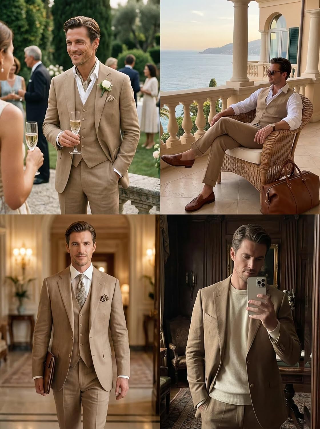 3 Piece Linen Suit for Men Retro Slim Fit Summer Beach Wedding Groom Prom Mens Suits Tuxdo Blazer Jacket Vest Pant - Image 3