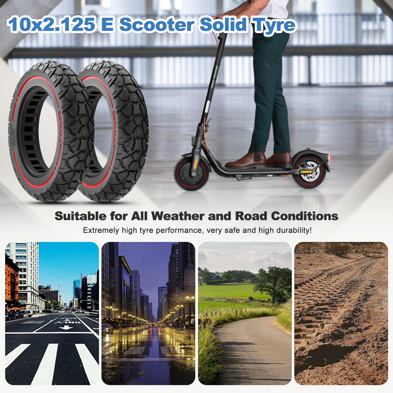 Opony z pełnej gumy do skutera elektrycznego, 10 cali, 2,125, off-road E Scooter opony 10 cali, pełna guma, odporne na przebicie i ścieranie, 10 x 2,125 opony z pełnej gumy, 10 x 2,125 cm, 2
