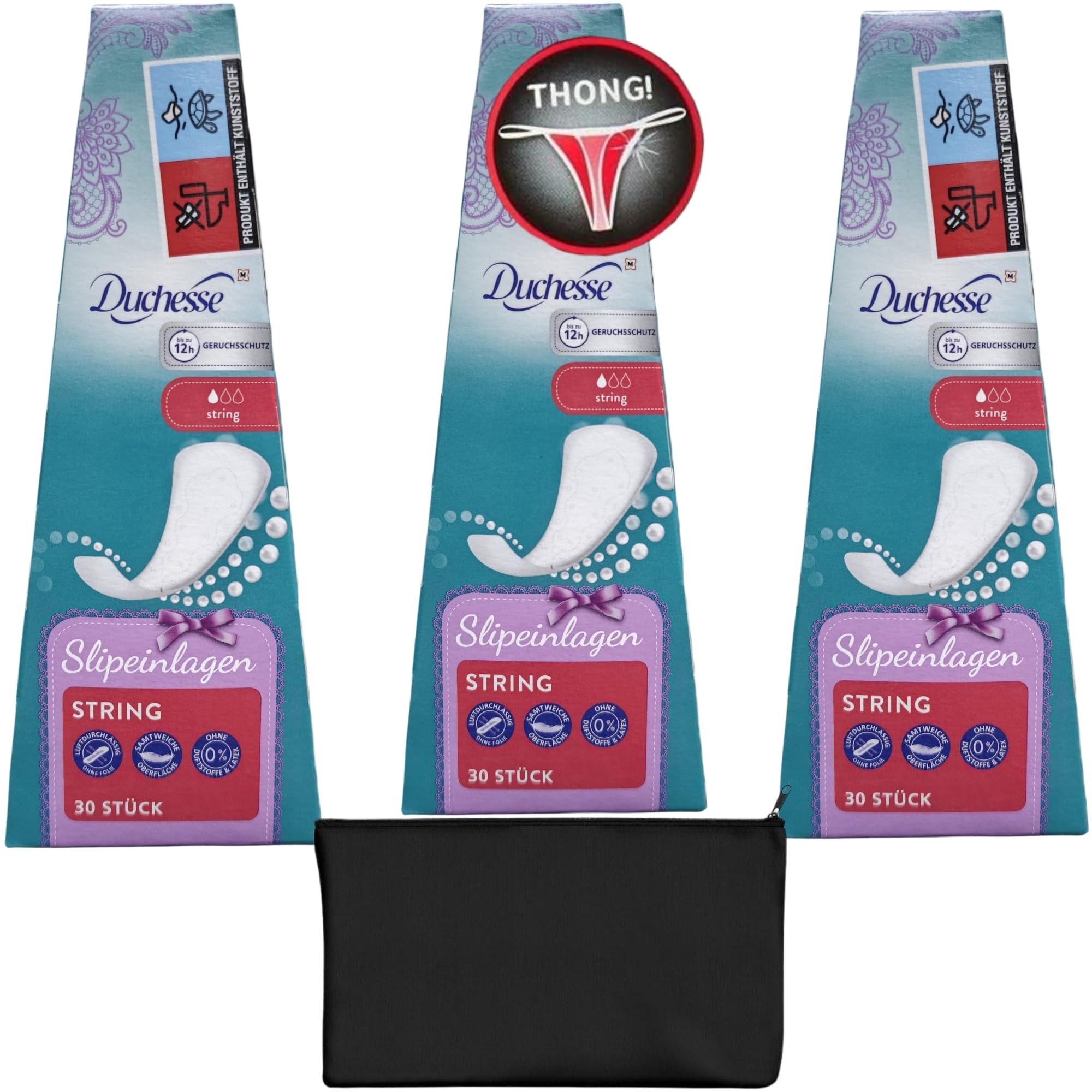 Duchesse Ultra-Thin Thong Panty Liners - 3 x 30 Barely There Strings, Velvety Surface, Total 90 Everyday Liners with Multipurpose Mesh Zipper Bag