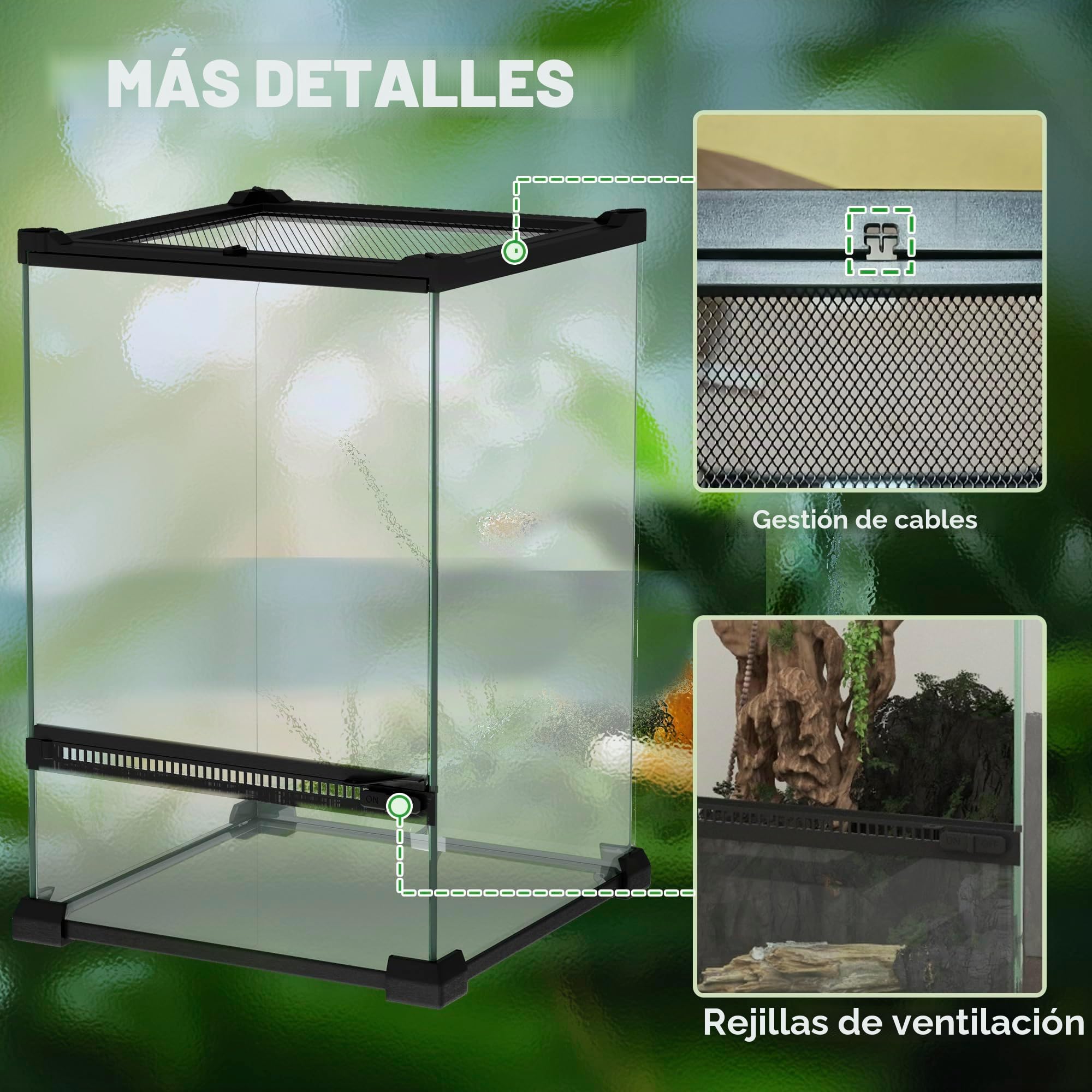 PawHut - Terrario de Cristal para Reptiles Vivarium 12 L de cría de Reptiles con Tapa de Malla metálica, para Ranas, Serpientes, Tortugas, 20 x 20 x 30 cm, Color Negro