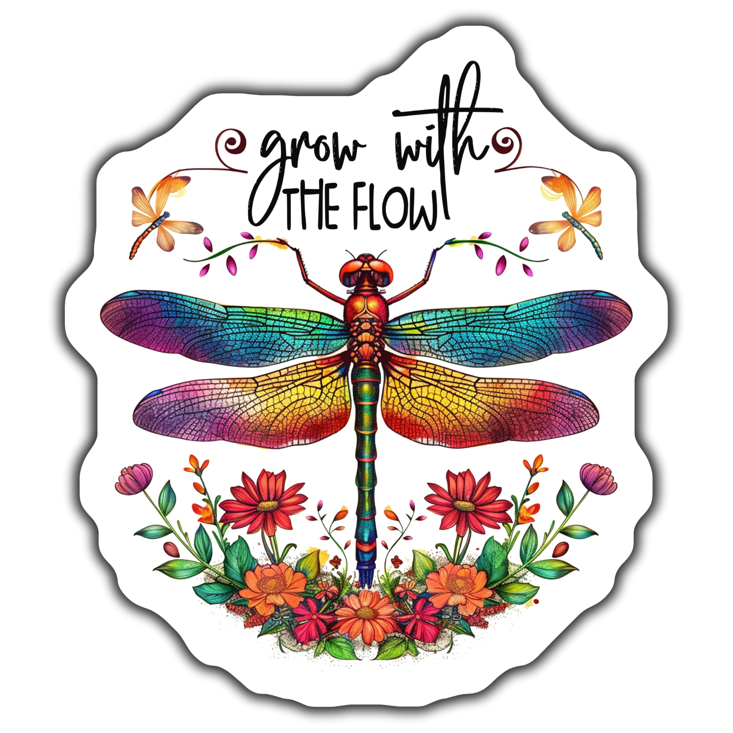 Dragonfly Sticker Colorful Grow with The Flow, Inspirational Waterproof Decal, Perfect for Laptops Water Bottles Journals - 5-Inch Sticker - 2-Pack -