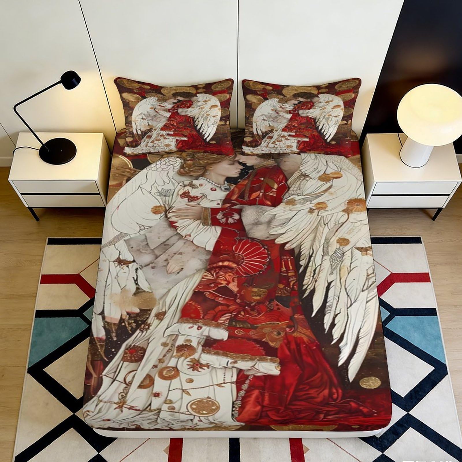 3D Printed Angel Fantasy Fitted Sheet Microfiber Soft Red White Wings Mattress Cover Bedroom Decor 90x200x25cm
