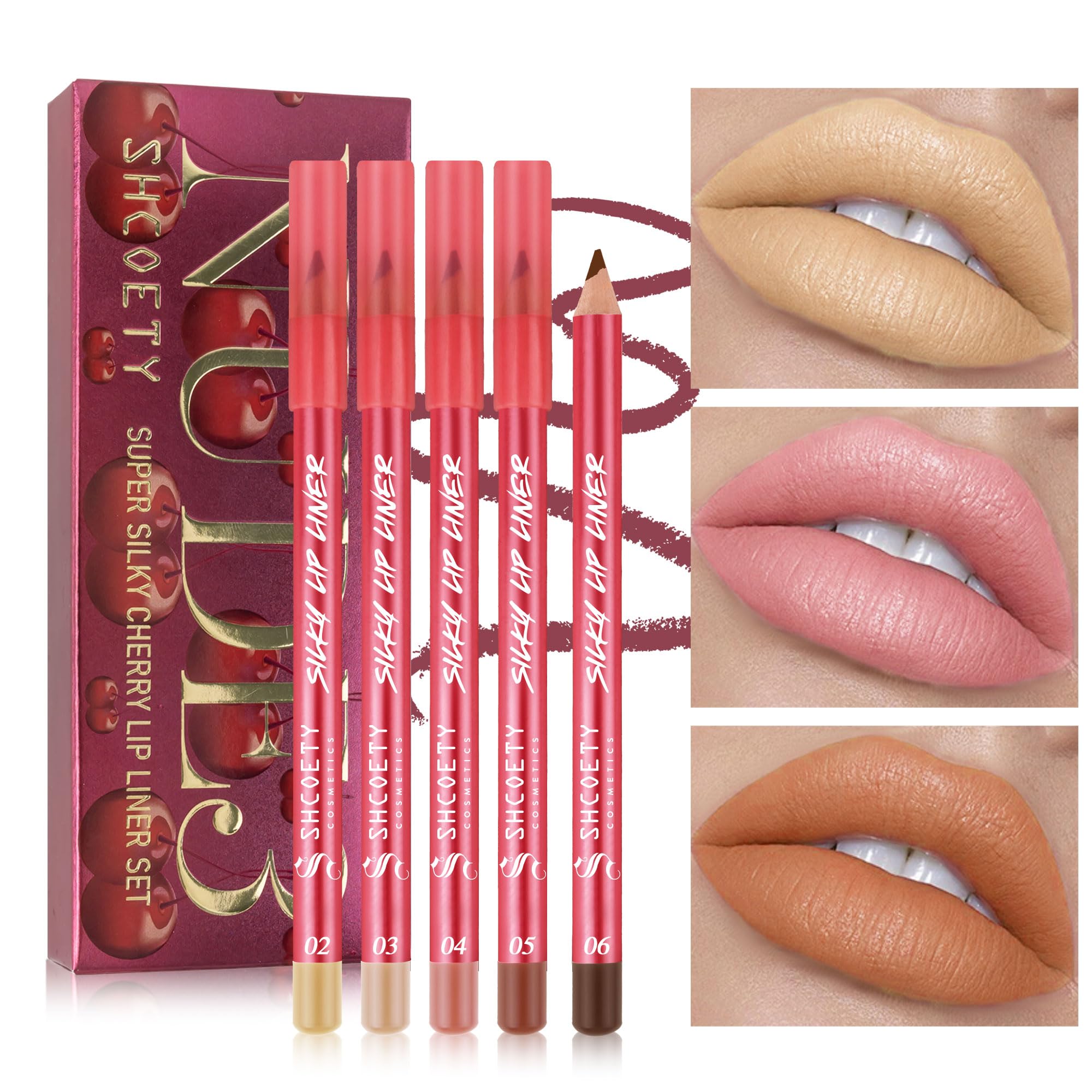 SHCOETY Silky Cherry Lip Liner Set, 12 Colors, Professional Makeup Pencils, Pink and Brown Shades