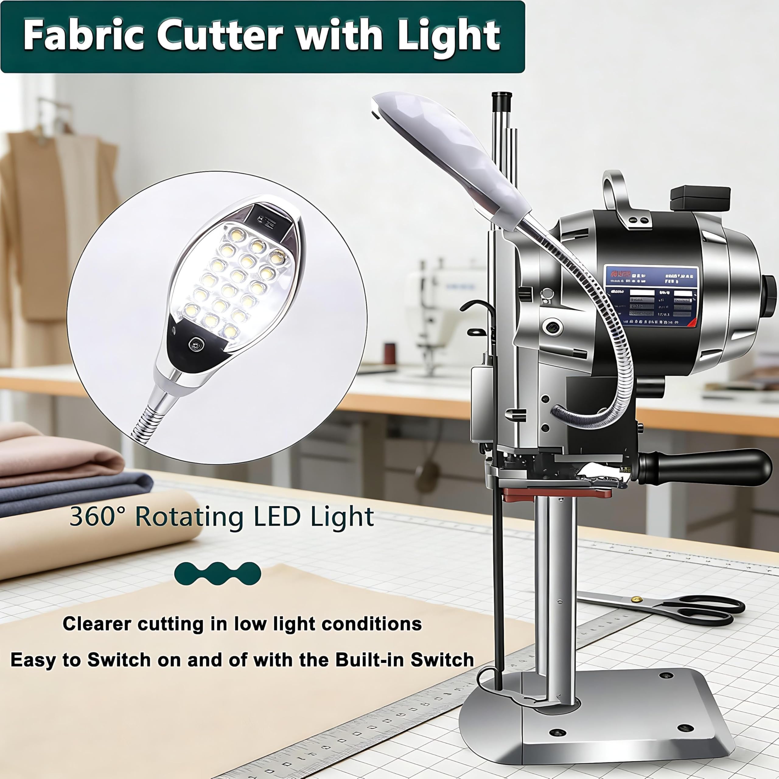Máquina Cortadora de Tela con Cuchilla, Tijeras Verticales para Tela, Cortadora Eléctrica de Tela de 1100W, Máquina Cortadora de Tela de Cuero con Luz 6in