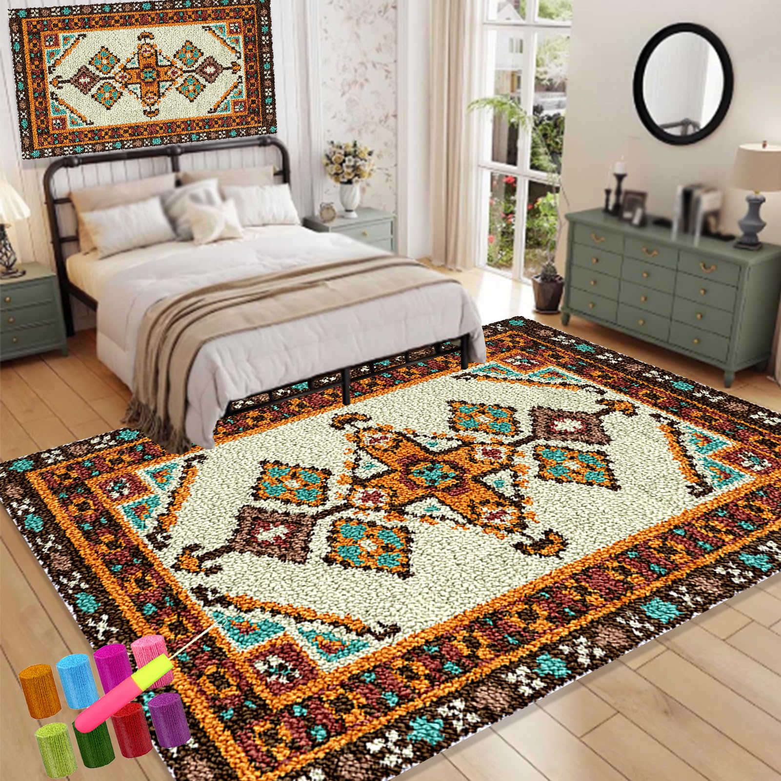 61 x 87 cm Zestaw dywaników szydełkowych z wiązanym ściegiem zatrzask poduszka DIY szydełkowa mata do szydełkowania dla dorosłych, wstępnie wydrukowany wzór kolorowy zestaw do robienia dywanów z