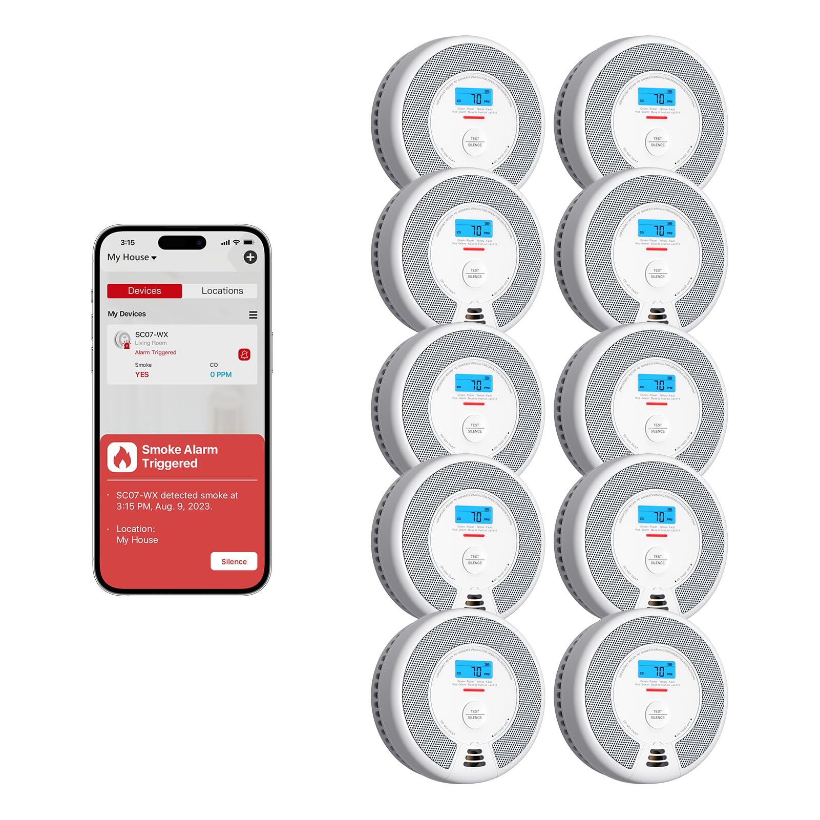 X-Sense Smart Smoke Detector Carbon Monoxide Detector Combo with Replaceable Battery, Wi-Fi Smoke and Carbon Monoxide Detector with Real-Time App Notifications, SC07-WX, 10-Pack