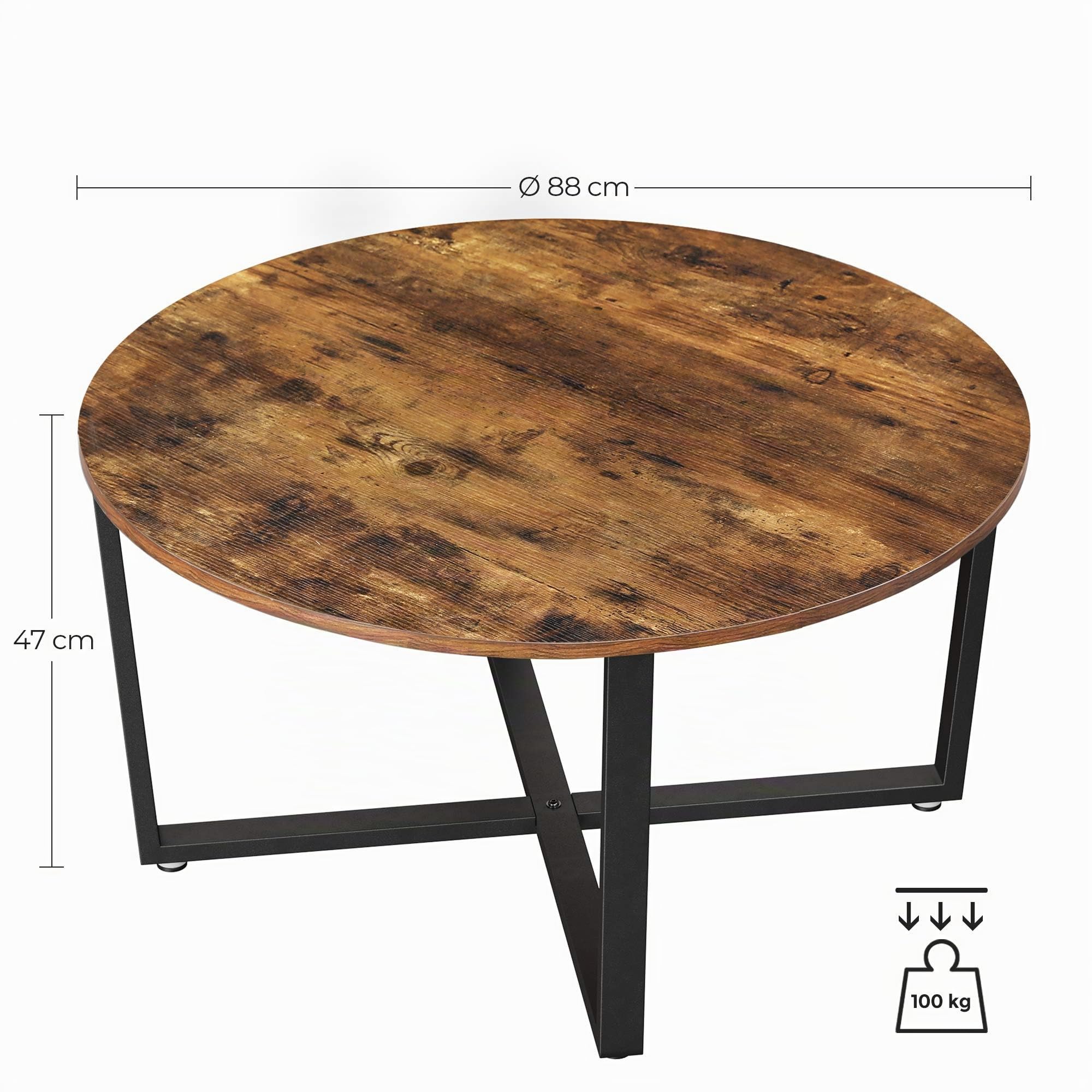 VASAGLE Mesa de Centro Redonda, Mesa de Café de Estilo Industrial, Estructura Metálica Duradera, Fácil de Montar, para Salón, Dormitorio, Marrón Rústico y Negro LCT88X