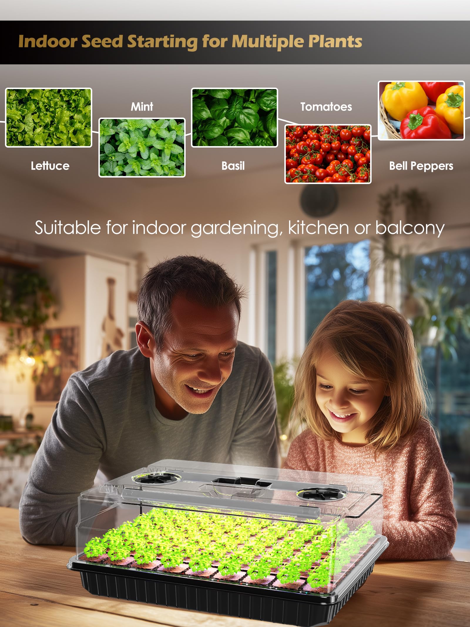 GLOWRIUM Bandeja de inicio de semillas con luz de crecimiento de espectro completo, kit de inicio de semillas de 54 celdas con cúpula de humedad, temporizador automático de 6 ajustes, brillo ajustable