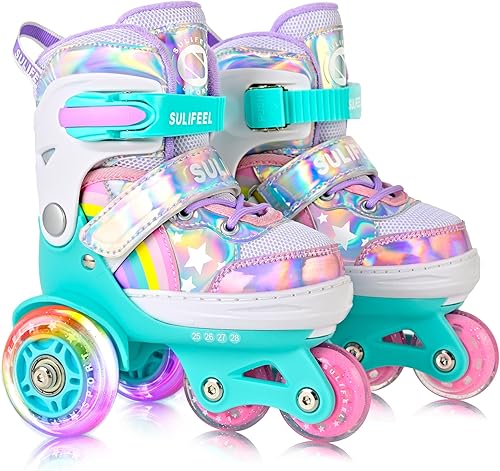 Miniatura 75 de SULIFEEL - Patines infantiles con luz ajustable y diseño de unicornio y arcoíris, tamaño 4 para niños y niñas b púrpura