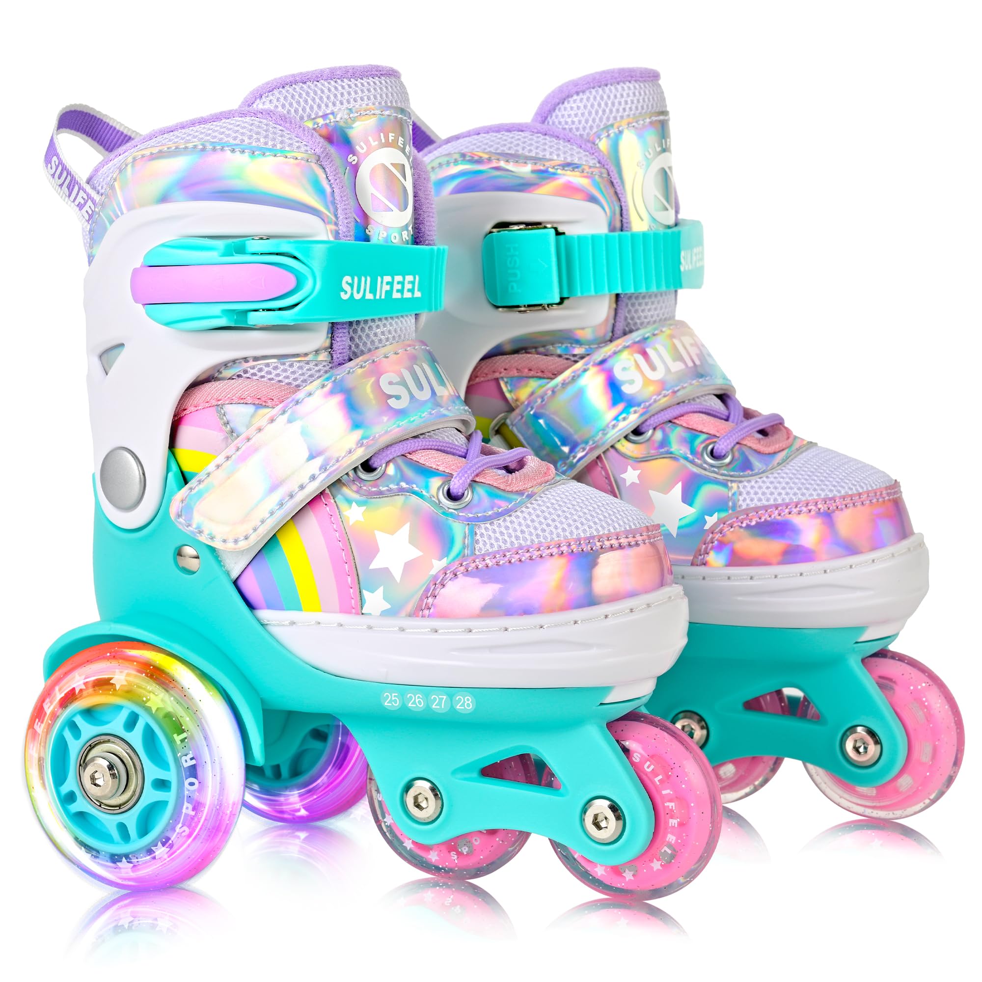 SULIFEEL Rainbow Unicorn 4 Size Adjustable Light up Roller Skates for Girls Boys for Kids