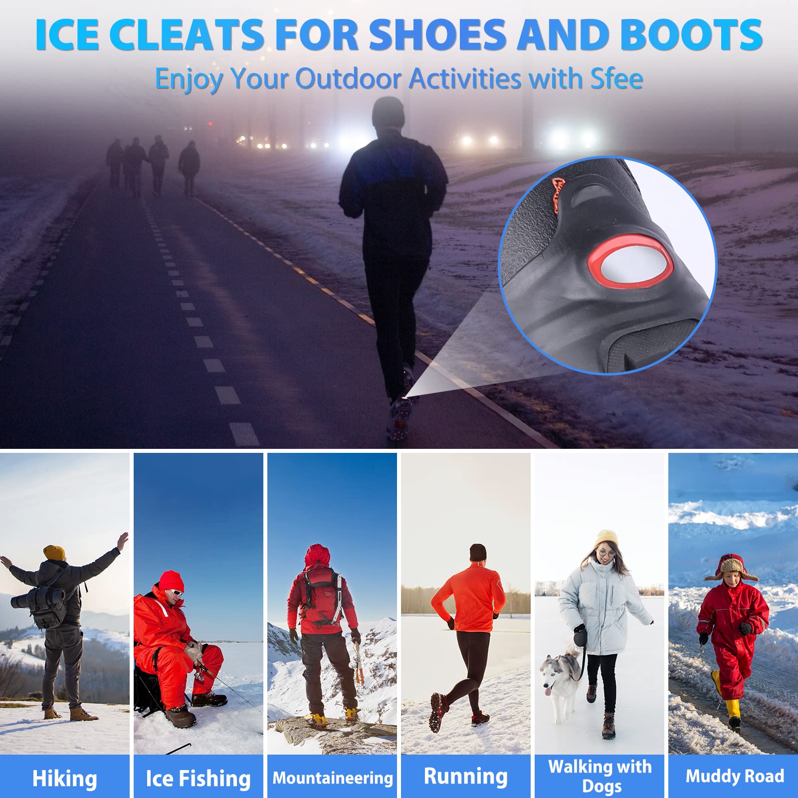 Sfee Tacchetti da ghiaccio V3, tacchetti da ghiaccio in tungsteno per scarpe e stivali, ramponi per stivali da trekking, tacchetti da ghiaccio per donne, uomini, bambini, tacchetti di trazione per
