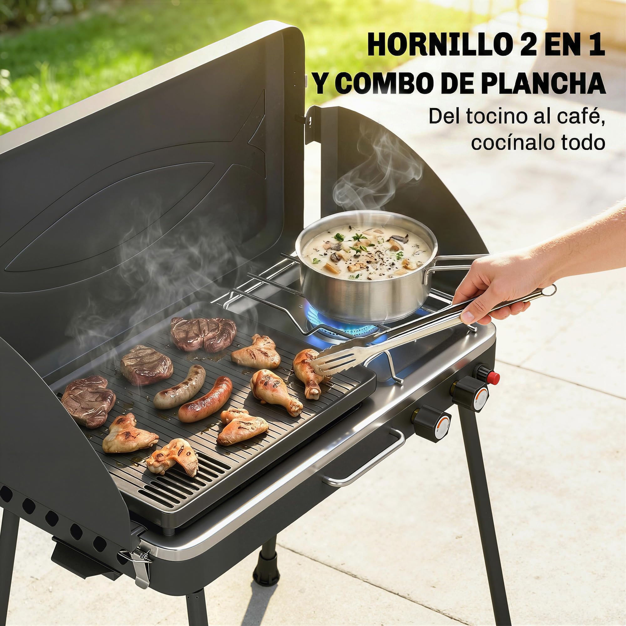 Outsunny Barbacoa de Gas Portátil 2 en 1 7 kW con Plancha Grande Negro | Barbacoa de Gas Propano, de Mesa o de Pie, Patas Desmontables, Protectores de Viento, para Picnic, Camping