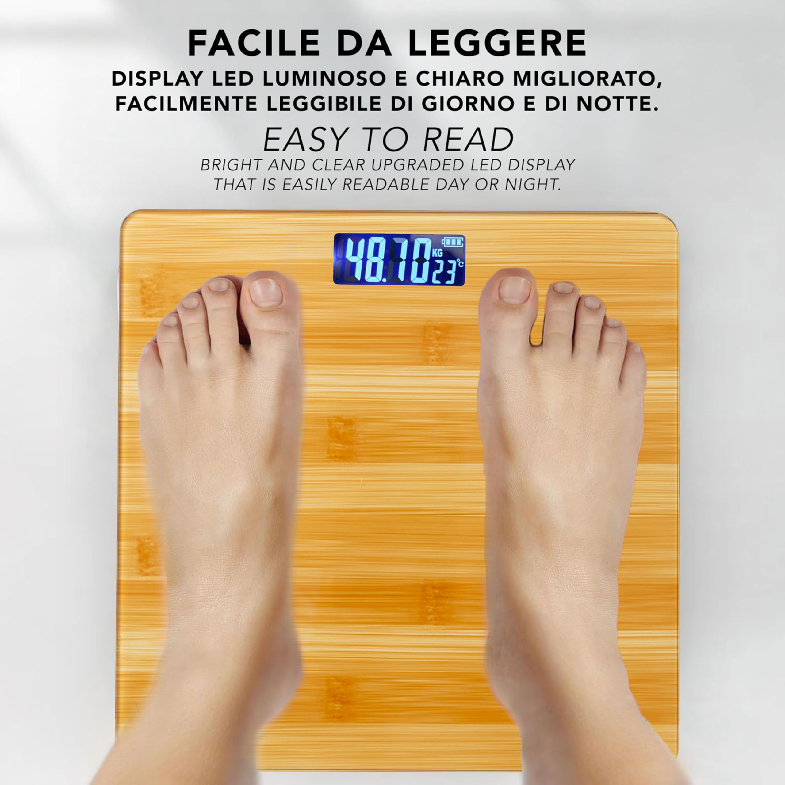 IPEA Bilancia Pesapersone Digitale Ultra Sottile color Legno - Tecnologia STEP ON - Massima Precisione Peso - Design Elegante in Vetro Temperato - Display Misurazione precisa 0,1 KG - Max 180Kg