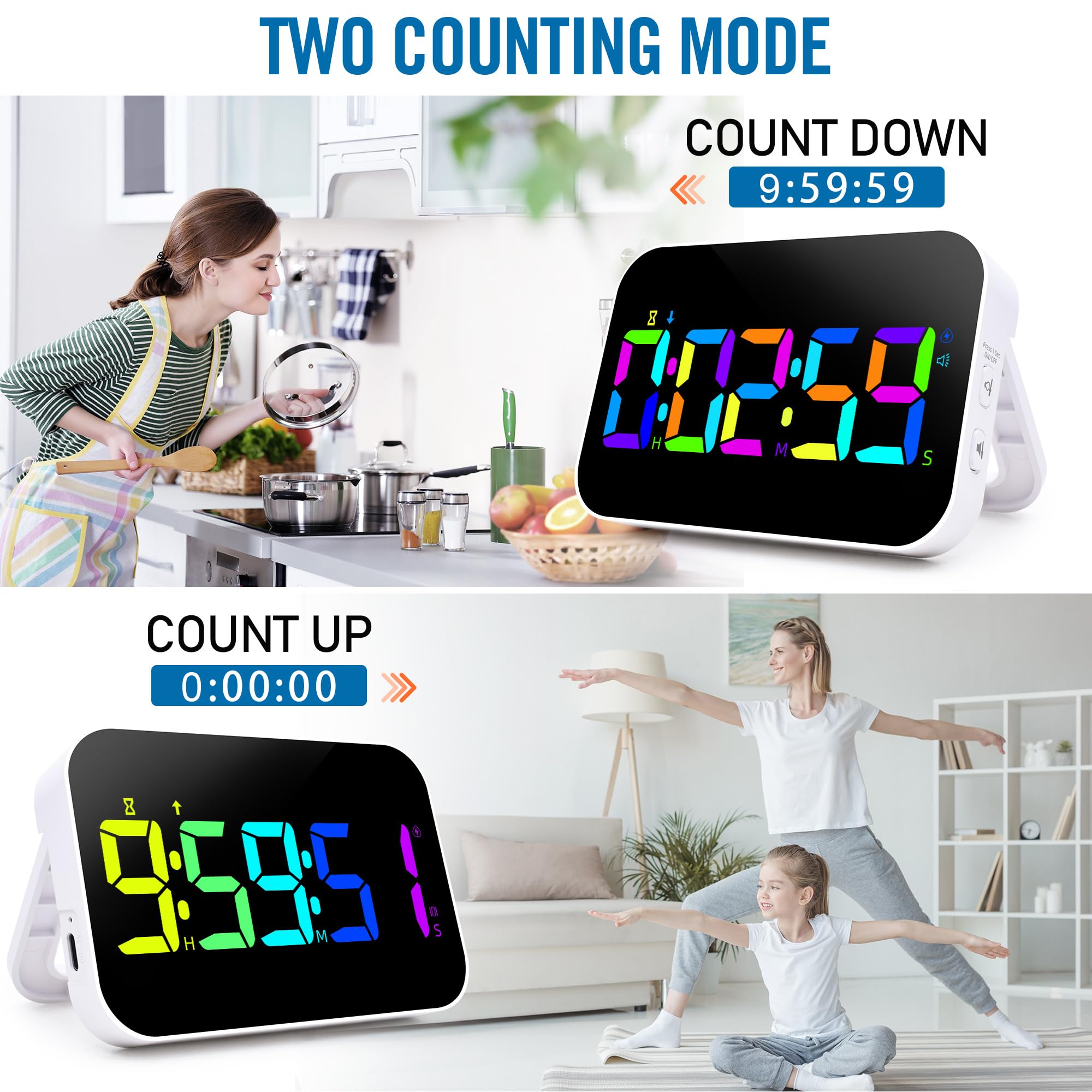 Küchentimer zum Kochen, 10 RGB-Farbwechsel, digitaler magnetischer Timer, Countdown/Up, wiederaufladbar, 3 Helligkeitsanzeige, 3 Lautstärkestufen und Vibrationsmodus, für Klassenzimmer, Studium,