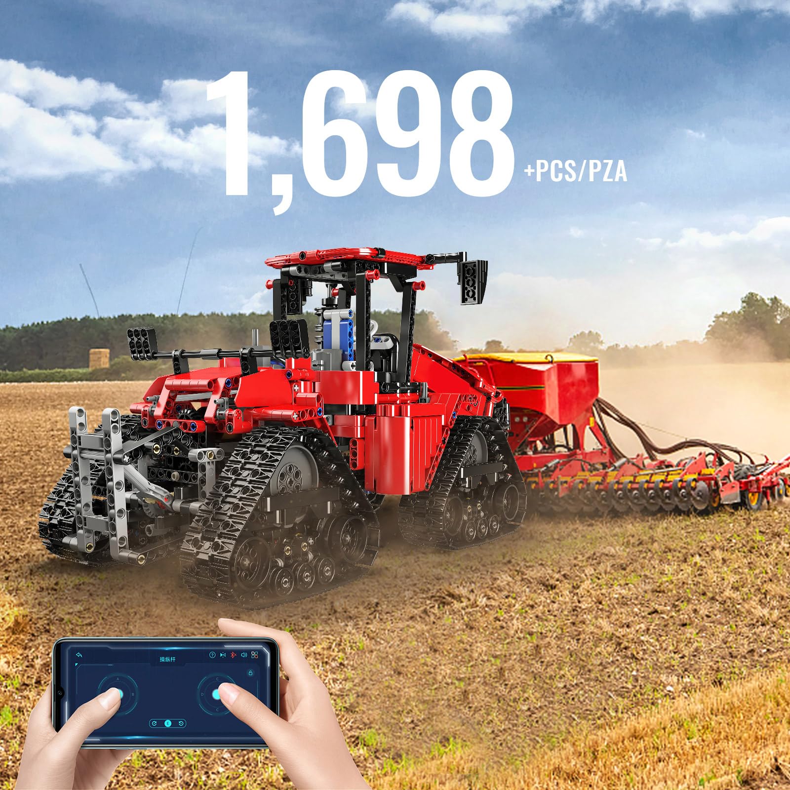Mould King 18020 - Trattore radiocomandato MOC, trattore elettrico a catena con 4 motori, set di modellini STEM, adatto per la tecnologia degli amanti delle macchine agricole (1698 pezzi), rosso