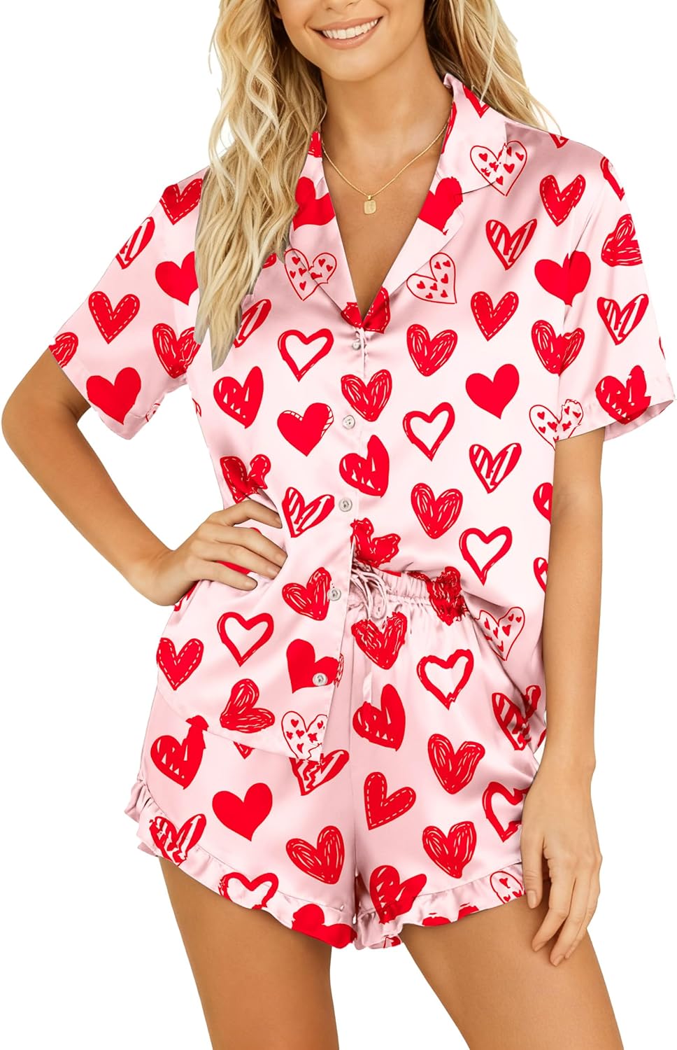 CAZYCHILD Valentines Pajamas Sets for Women Pjs Short Sleeve Top and Shorts Loungewear 2 Pcs Set Button Down Sleepwear
