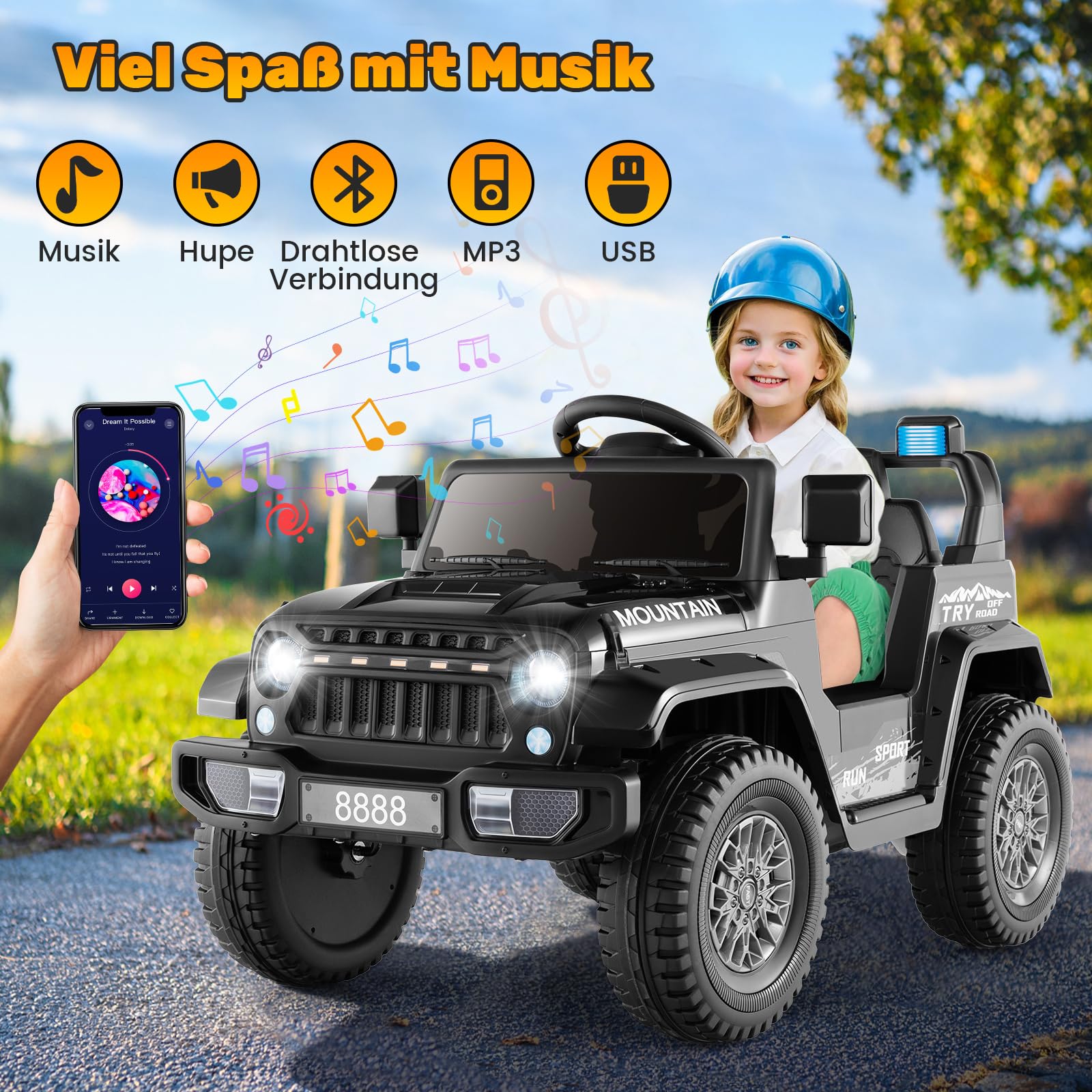 COSTWAY Elektroauto für Kinder, 12V Elektro Kinderauto mit Fernsteuerung & LED-Scheinwerfern & Musik & USB, Elektrofahrzeug für Kinder ab 3 Jahren (Schwarz)