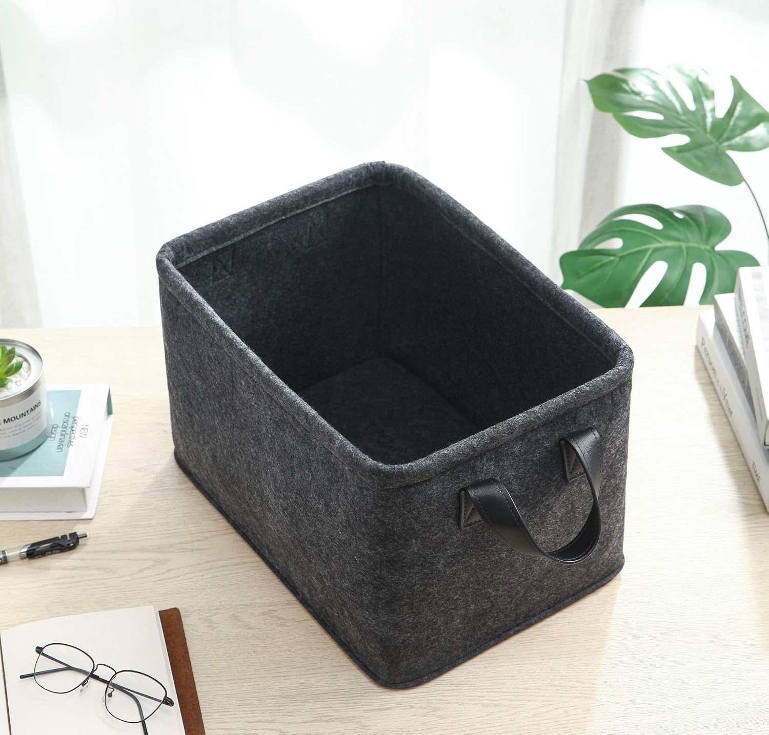 Collapsible Storage Bins Foldable Felt Fabric Storage Basket Organizer Boxes Containers with Handles PU Handles for Nursery Toys,Kids Room,Clothes,Towels,Magazine (PU-Dark grey, 15.9L×11W×9.8H) image 4