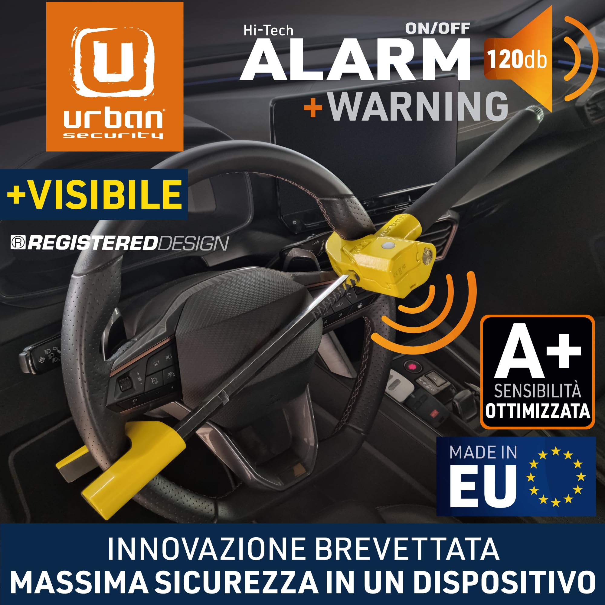 URBAN UR978Y Antifurto Auto Doppia Sicurezza Blocca Sterzo 120dB LED Bloccaggio Automatico Blocco Volante Meccanico Universale