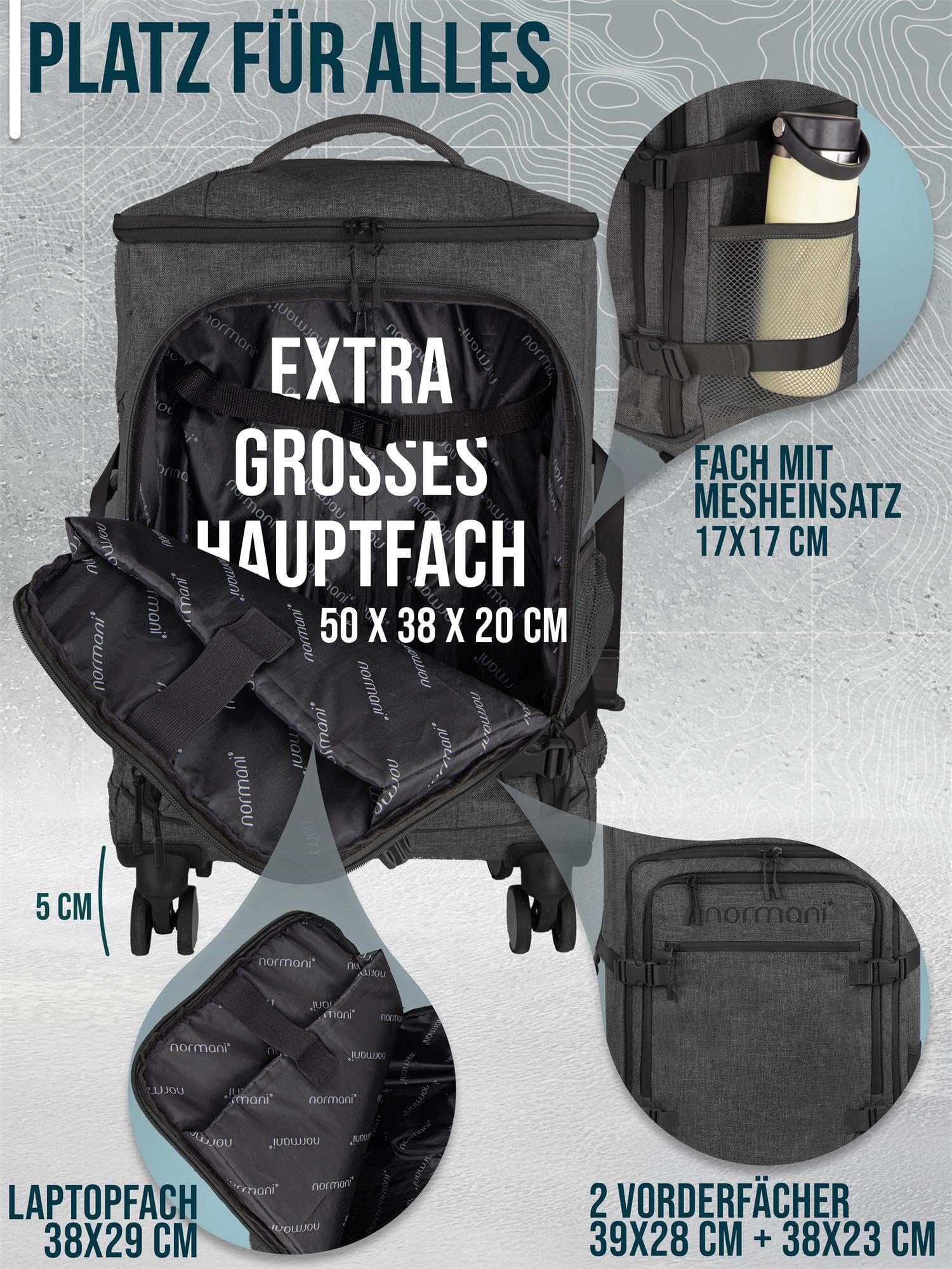 normani Handgepäck 4-Rad Reisetaschen-Rucksack 38 Liter Reiserucksack mit Trolleyfunktion mit Frontloader und Laptopfach